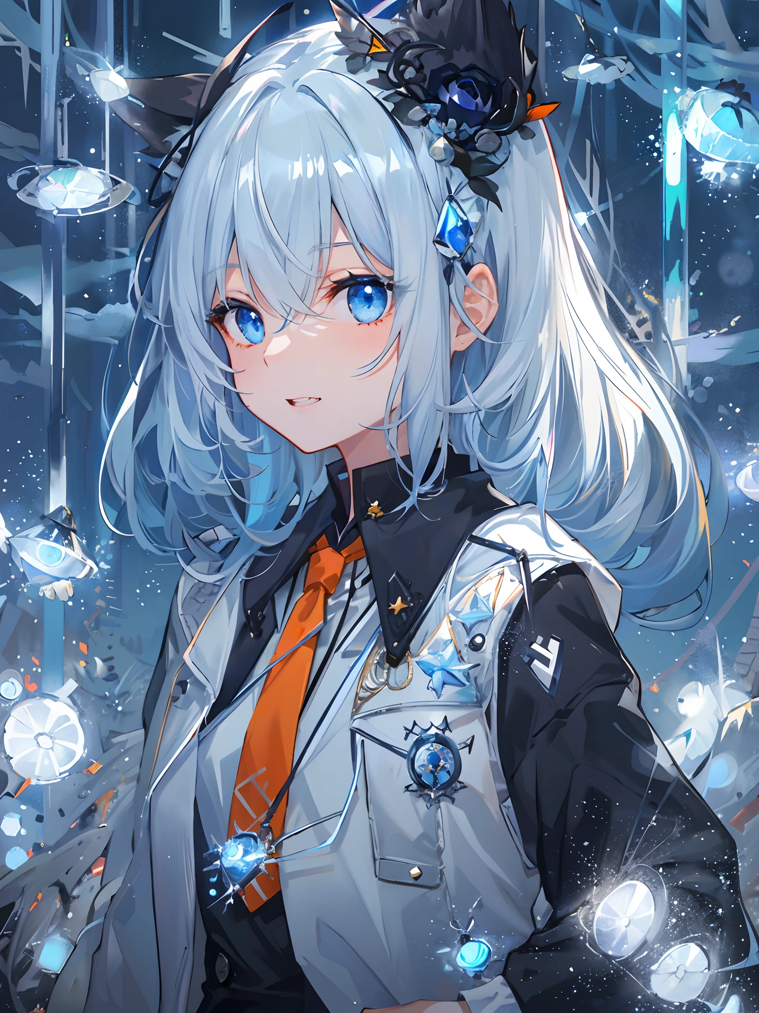 ((top-quality)), ((masterpiece)), ((ultra-detailliert)), (Extremely delicate and beautiful), girl with, 独奏, cold attitude,((Black jacket)),She is very(relax)with the(Settled down)Looks,A dark-haired, depth of fields,Evil smile,Bubble, under the water, Air bubble,bright light blue eyes,inner color with bright gray hair and light blue tips,,,,,,,,,,,,,,,,,,,,Cold background,Bob Hair - Linear Art, shortpants、knee high socks、White uniform like school uniform、Light blue ribbon ties、Clothes are sheer、Hands in pockets、Bright eyes like sapphire,Fronllesse Blue, A small blue light was floating、Upper Eyes、glass shards、Snowflake Hair Ornament, Halloween, Orange pumpkin、Jack-o'-lantern、Orange and light blue odd eye, Vampire costume、canine teeth、