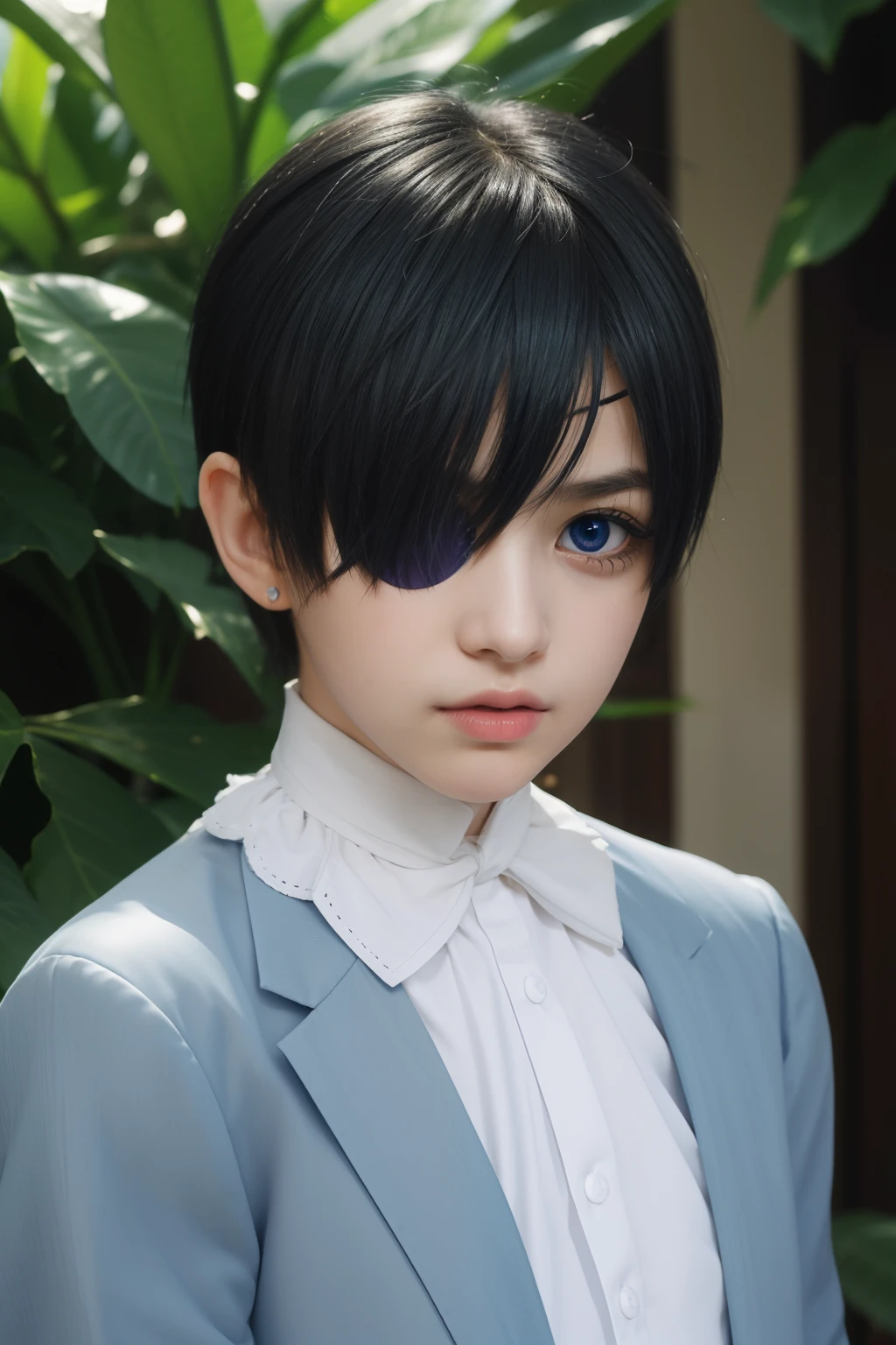 (Best Quality,4k,8k,highres,巨作:1.2),A highly detailed,(Realistic,Realistic Photos,Realistic Photos:1.37),portrait,anime,Phantomhive Sky,boy,10 years old,,dark hair,Intense look,pale skin,Royal Uniform,Classic Victorian style,Stylish clothes,Precision stitching,Feather has,Golden accents,deep blue eyes,Purple eye patch,Detailed lashes,exquisite facial features,serious expression,Confident position,Stand in majestic, Dramatic shades,Invisible lens glow,vibrant colours,Rich color scheme,Royal Purple,Royal Blue,Delicate pastel tones,Gentle sunlight flows through the leaves. Ten-year-old boy wearing boyish clothes with short hair