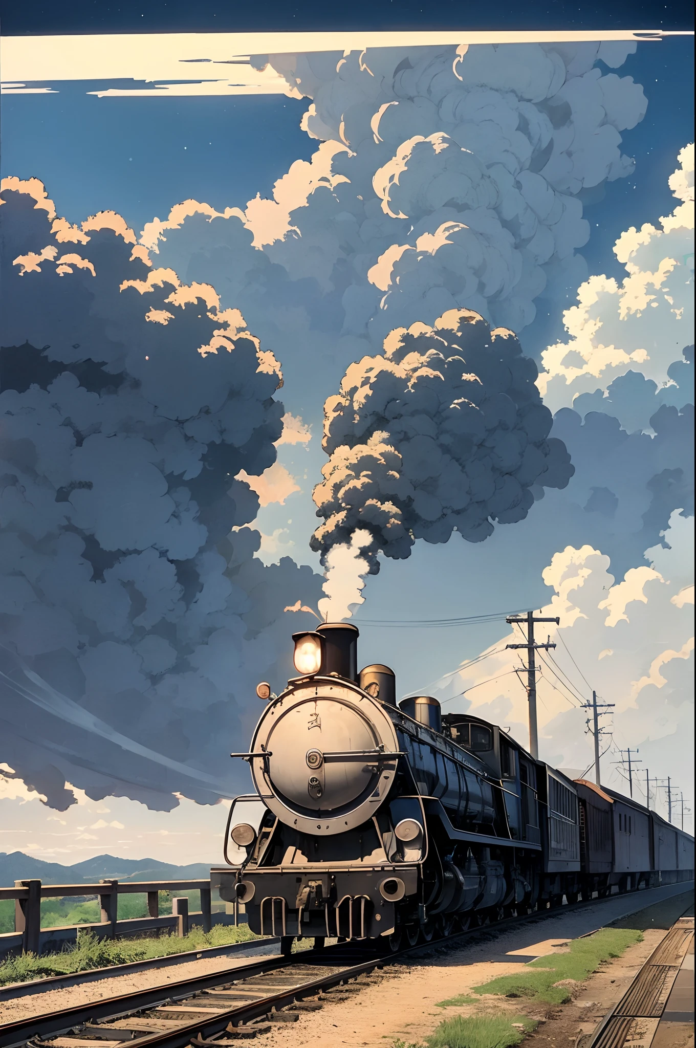 Smoke in the center of the locomotive、headlight、Japan countryside、cinematic scenery、Guibli、large moon、Clouds,masutepiece,Best quality,Sketch style、