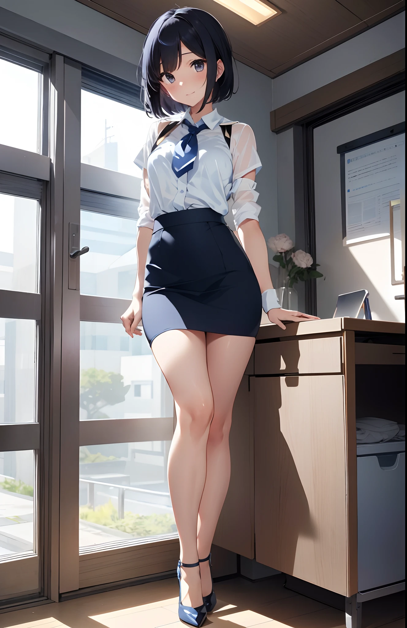 ((s Office、In the company、office building、Office、Beauty Secretary)), unparalleled masterpiece ever, Perfect Artwork, ((a beautiful slender girl、A slender、Perfect female figure)), maturefemale, Narrow waist, Looking at Viewer, Kamimei、enchanting posture, clean, Beautiful face, Pure face, Shiny skin, Delicate pattern, 1girl in, White see-through blouse、greys_hair, up looking_で_viewer, Small_breasts, Shaved_, Light blue_ascot, Light blue_Rose, Short_hair, Shoulder_armor, Smile, Solo, ((Navy blue mini pencil skirt、high-heels、full body Esbian))、nsfw、embarrassed from、blush、He's a nipple、