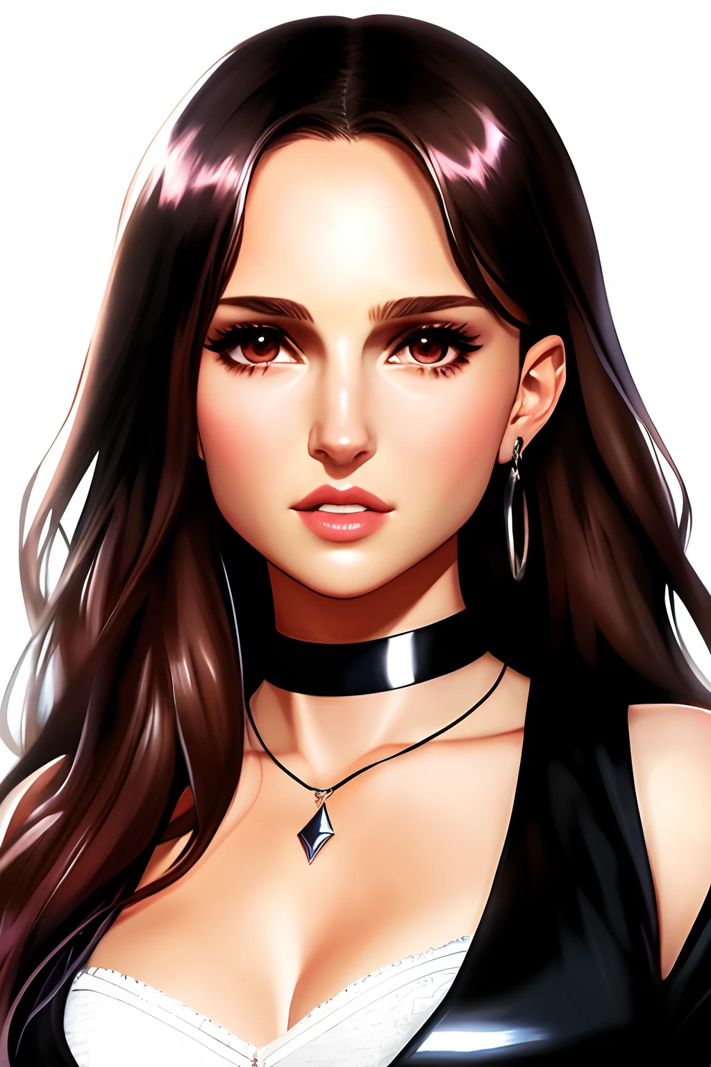character splash art,a cute and beautiful anime young woman,natalie portman, inspired by Mark Brooks, lux, wearing black choker, female protagonist, kiki