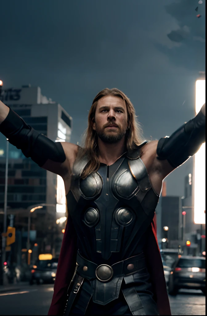Thor with open arms, nikon d850, fotografia de filme, 4 kodak portra 400, F1 camera lens.6, cores ricas, hiper realista, textura realista, lighting dramatic, cinestill 800, hyper realism