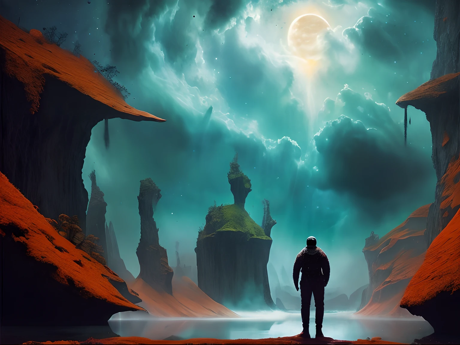 PLANETA NARANJA, foto de la nasa ,8k con filtros, hiperrealismo,( un planeta de color naranja, en el espacio estrellado, Beksinski)Bearded man with a scar and dressed as a hunter in a strange forest Man has a mysterious side,Beksinski, Peter Gric, h.r. Giger, foto de la nasa ,8k con filtros, hiperrealismo, un planeta de color naranja, en el espacio,A faceless family dressed in black robes, Sentado en el bosque por la noche. Frente a ellos hay un orbe verde brillante, flotando en el aire. PLANETA NARANJA, foto de la nasa ,8k con filtros, hiperrealismo,( un planeta de color naranja, en el espacio estrellado, Beksinski)