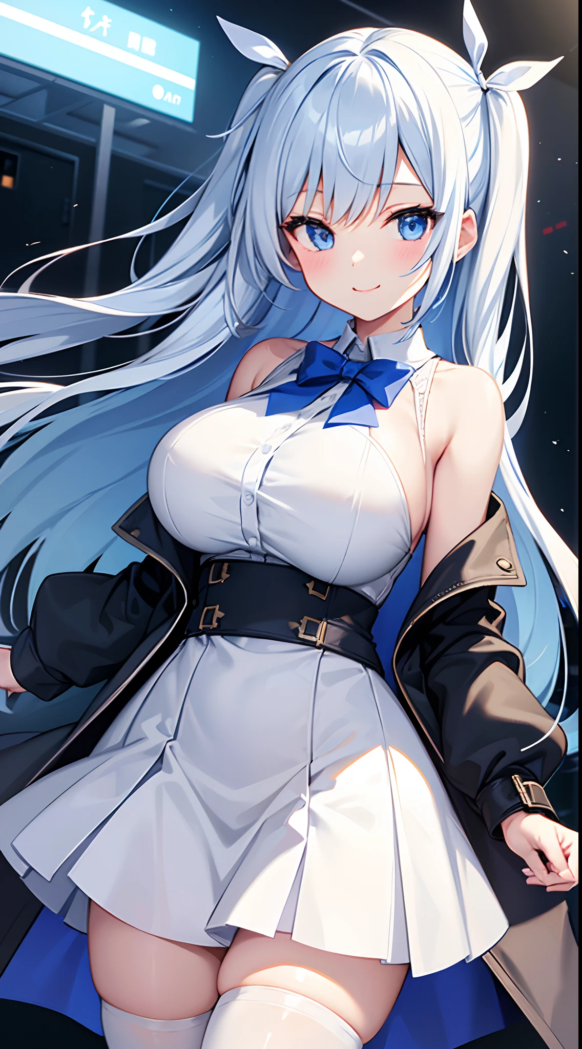 1 girl, game CG, white shirt, shoulders visible, short skirt, string hair ribbon, trench coat, white tights, gigantic breasts, light blue hair, middle hair, two side up, blue eyes, park, steam, smile, one eye close,