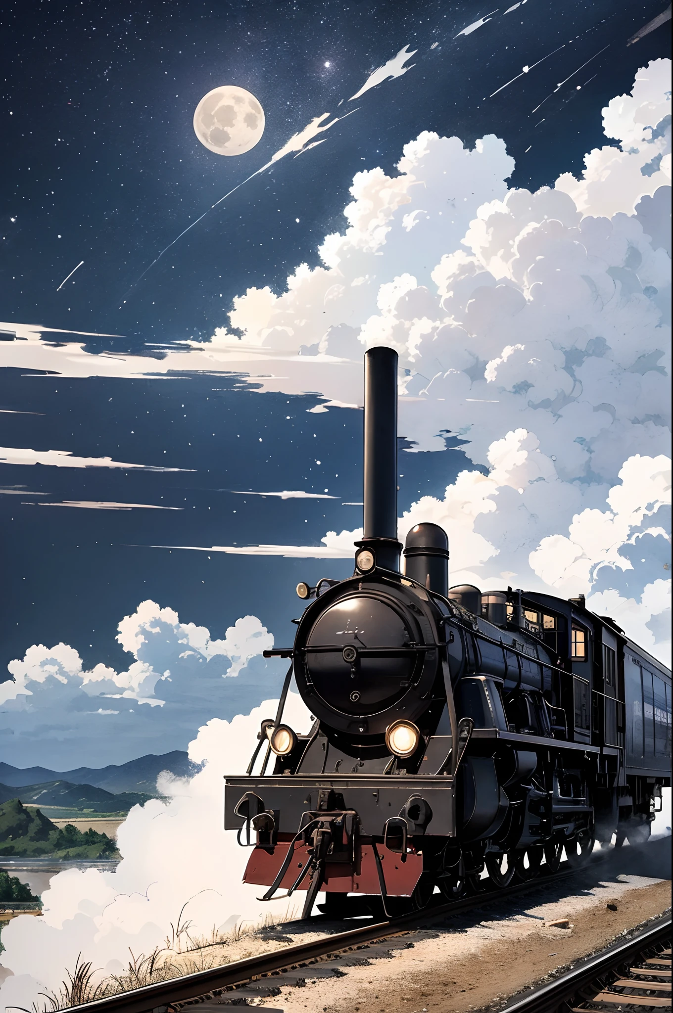 Smoke in the center of the locomotive、headlight、Japan countryside、cinematic scenery、Guibli、large moon、Clouds,masutepiece,Best quality,Sketch style、