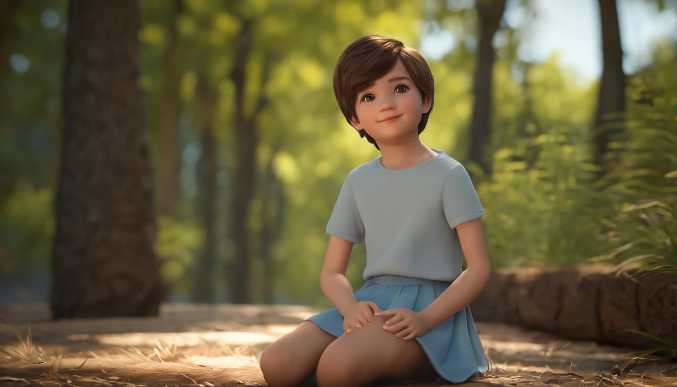 (8k, highest quality, masterpiece: 1.2), ultra detail, highest quality, ultra high resolution, professional lighting, photon mapping, radiosity, physically based rendering, cinematic lighting, depth of field, focusing, sun rays, good composition, (bokeh: 1.2), 1 boy, (full body), -yeandsome boy, smile, beautiful eyes, pose, constriction, brown hair, short hair, prairie t-short light blue, skirt, park, hand {fingers} Kawaii {finger} hand,