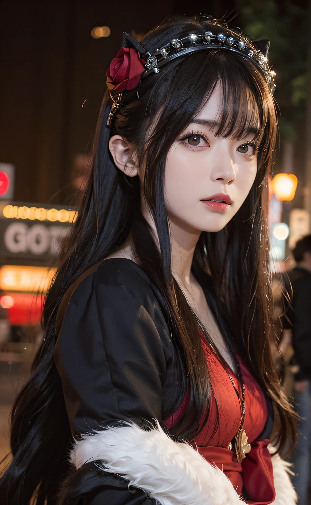 1girl, Tokyo street,night, cityscape,city lights, upper body,close-up, 8k, RAW photo, best quality, masterpiece,realistic, photo-realistic,headgear of red rose, parted bangs, long hair,