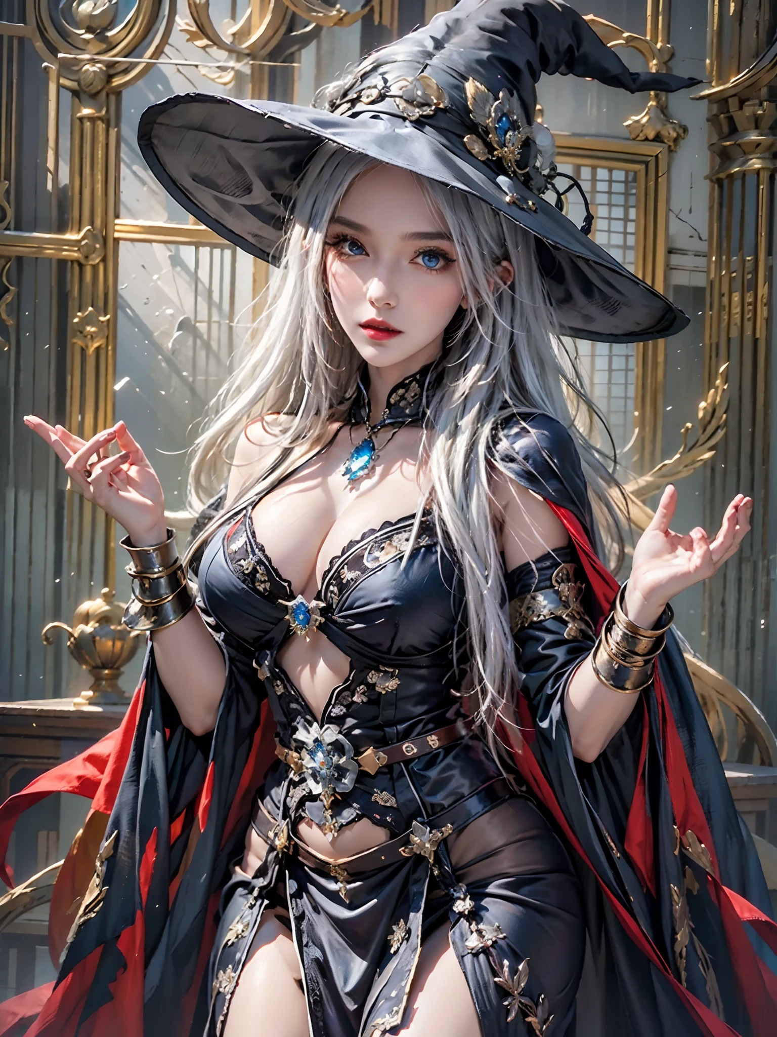 in a dark modern castle, photorealistic, very high resolution, soft lights, 1 Woman, Only, big hips, Big blue eyes, witch's cape, Witch's dress, long dress, sexy witch