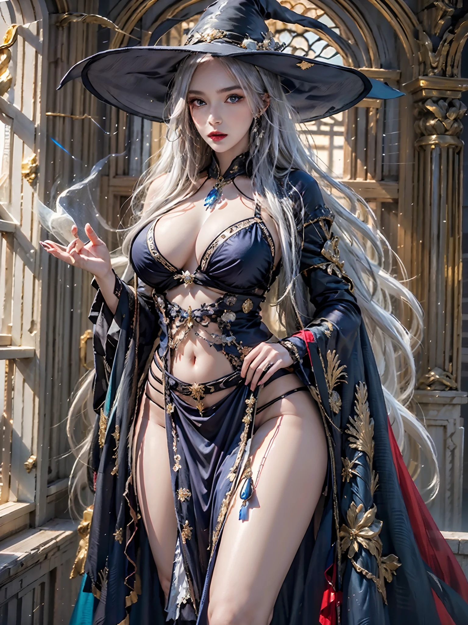 in a dark modern castle, photorealistic, very high resolution, soft lights, 1 Woman, Only, big hips, Big blue eyes, witch's cape, Witch's dress, long dress, sexy witch
