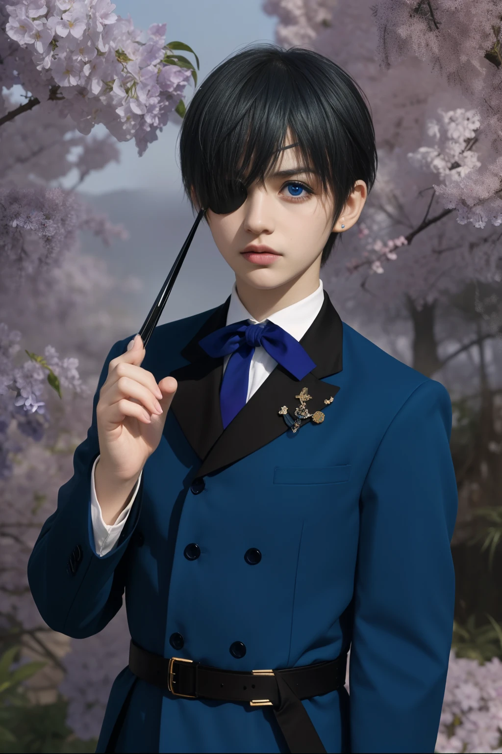 (Best Quality,4k,8k,highres,巨作:1.2),A highly detailed,(Realistic,Realistic Photos,Realistic Photos:1.37),portrait,anime,Phantomhive Sky,boy,10 years old,,dark hair,Intense look,pale skin,Royal Uniform,Classic Victorian style,Stylish clothes,Precision stitching,Feather has,Golden accents,deep blue eyes,Purple eye patch,Detailed lashes,exquisite facial features,serious expression,Confident position,Stand in majestic,Oil painting dramatic shades,Invisible lens glow,vibrant colours,Rich color scheme,Royal Purple,Royal Blue,Delicate pastel tones,Gentle sunlight flows through the leaves. Ten-year-old boy wearing boyish clothes with short hair