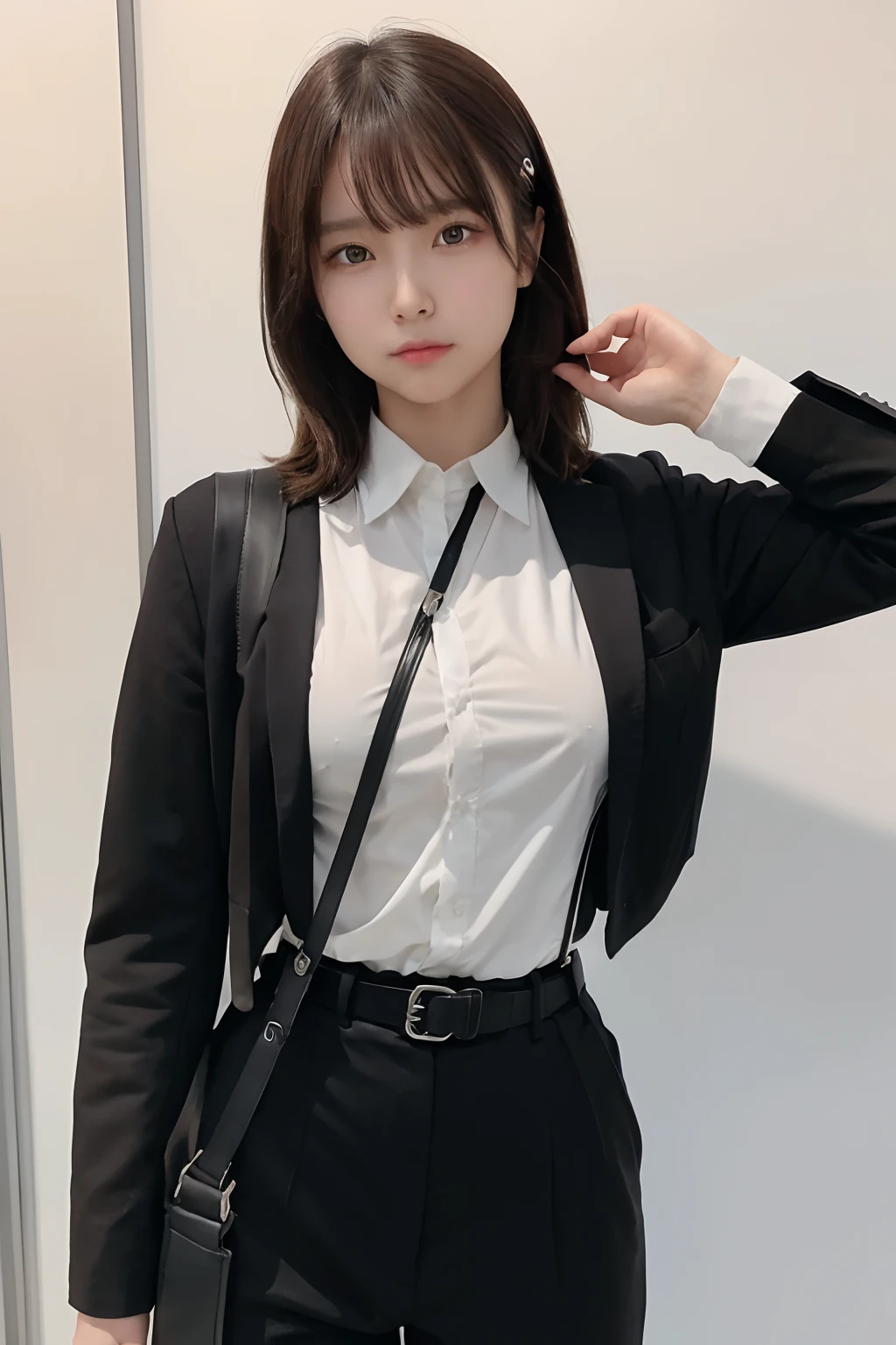 ​masterpiece、flat-colors、depth of fields、lens flare 1 girl、、Brown hair、watching at viewers　　　　a belt　black suspenders　Social OL　　　huge-breasted　　　 　 Armpit sweat　perspiring　Side of both hands　　walls: Black Suit　Black pants, Black jacket holster　arm　Leg holster　arm　Knife Carrying　arma　Gaze　　No tie　tiarra　No bangs　Small face