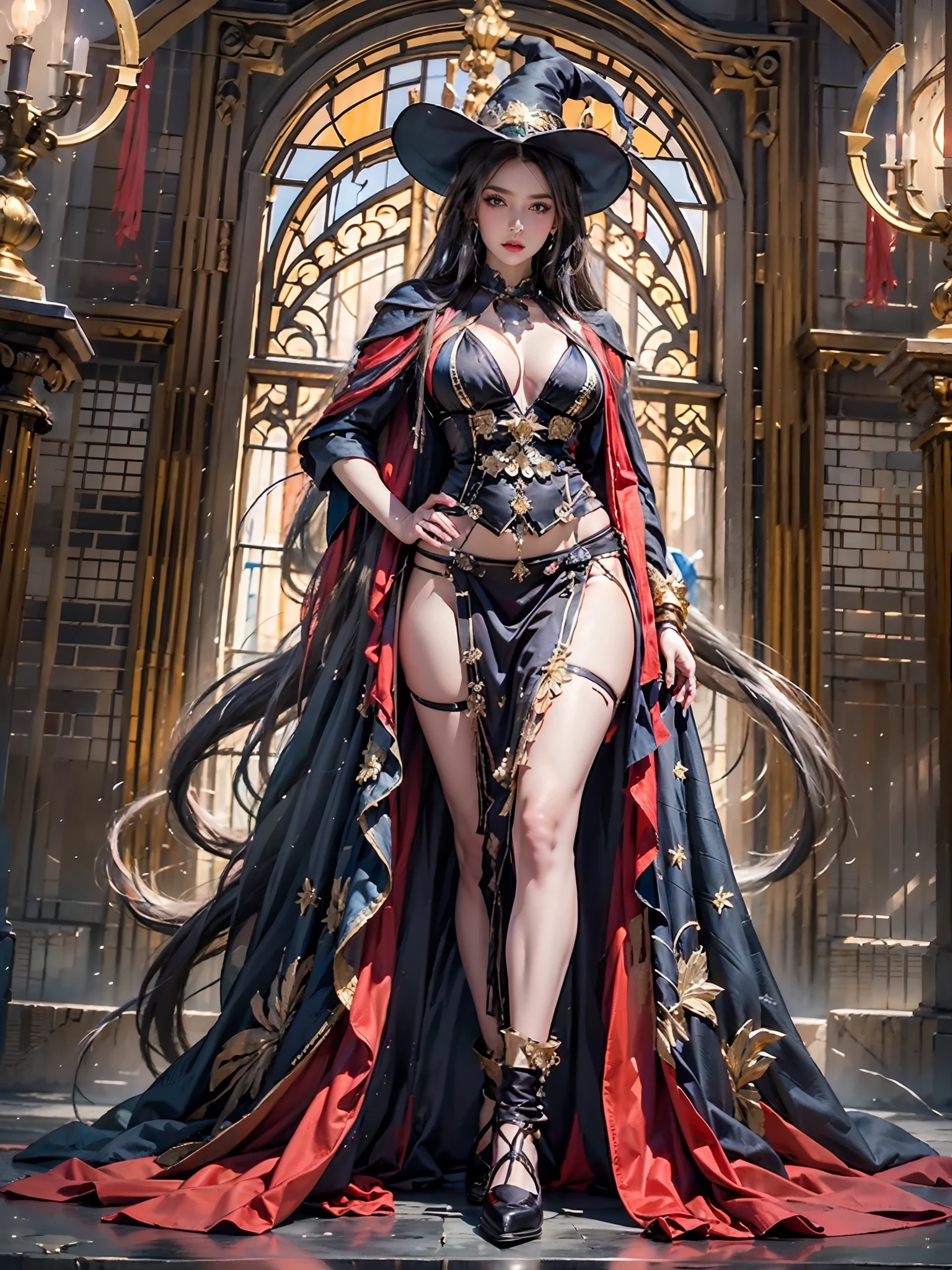 in a dark modern castle, photorealistic, very high resolution, soft lights, 1 Woman, Only, big hips, Big blue eyes, witch's cape, Witch's dress, long dress, sexy witch