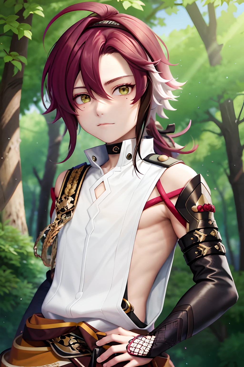 masterpiece, best quality,Shikanoin Heizou (genshin impact), 1boy, male focus, kurokote, green eyes, kote, multicolored hair, mole under eye, red hair, solo, mole, black choker, japanese armor, looking at viewer, choker, armor, streaked hair, aiguillette, sleeveless, ahoge, long hair, low ponytail,(kbxll:0.6)