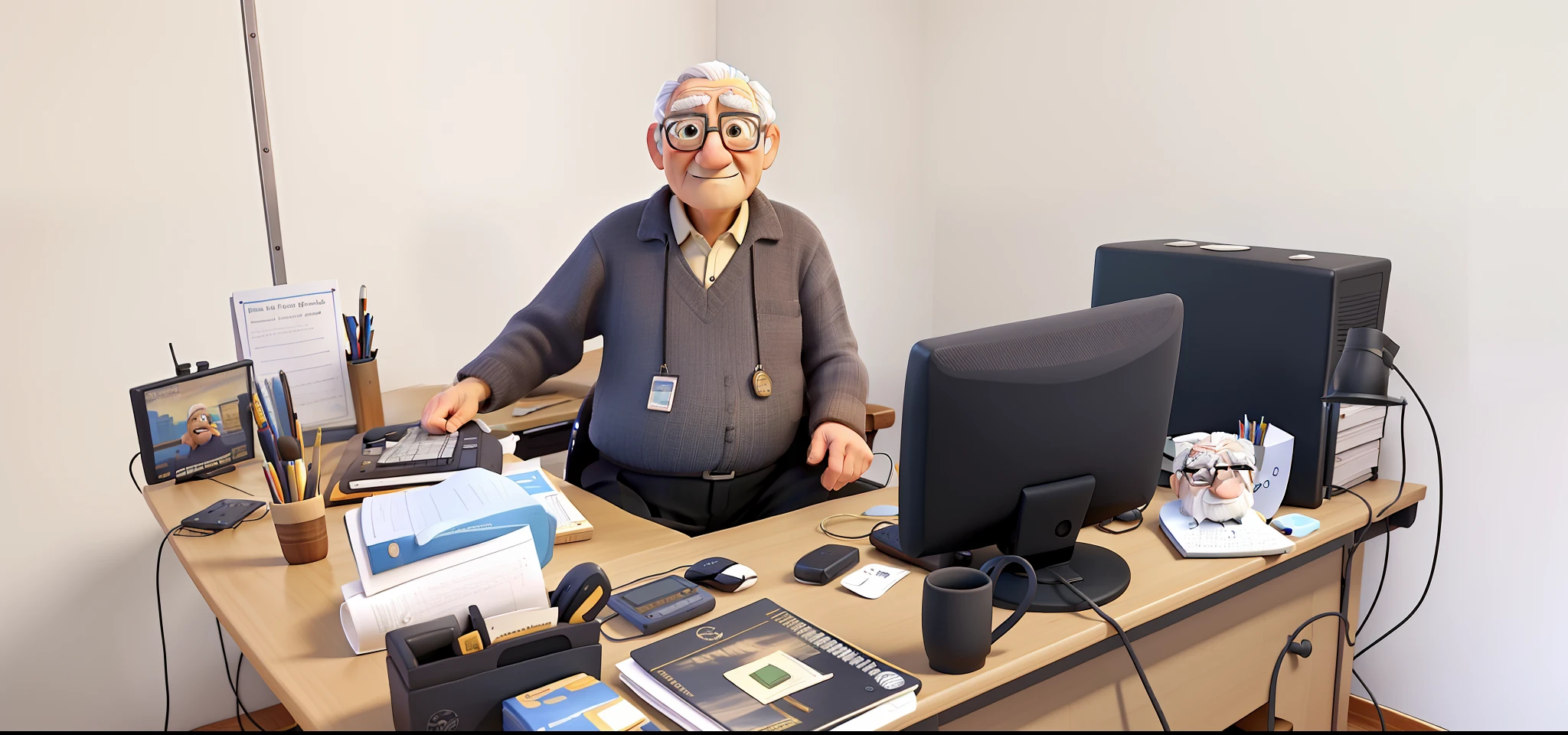 A wise old man sitting in his office, no estilo Disney Pixar, with high quality and resolution.