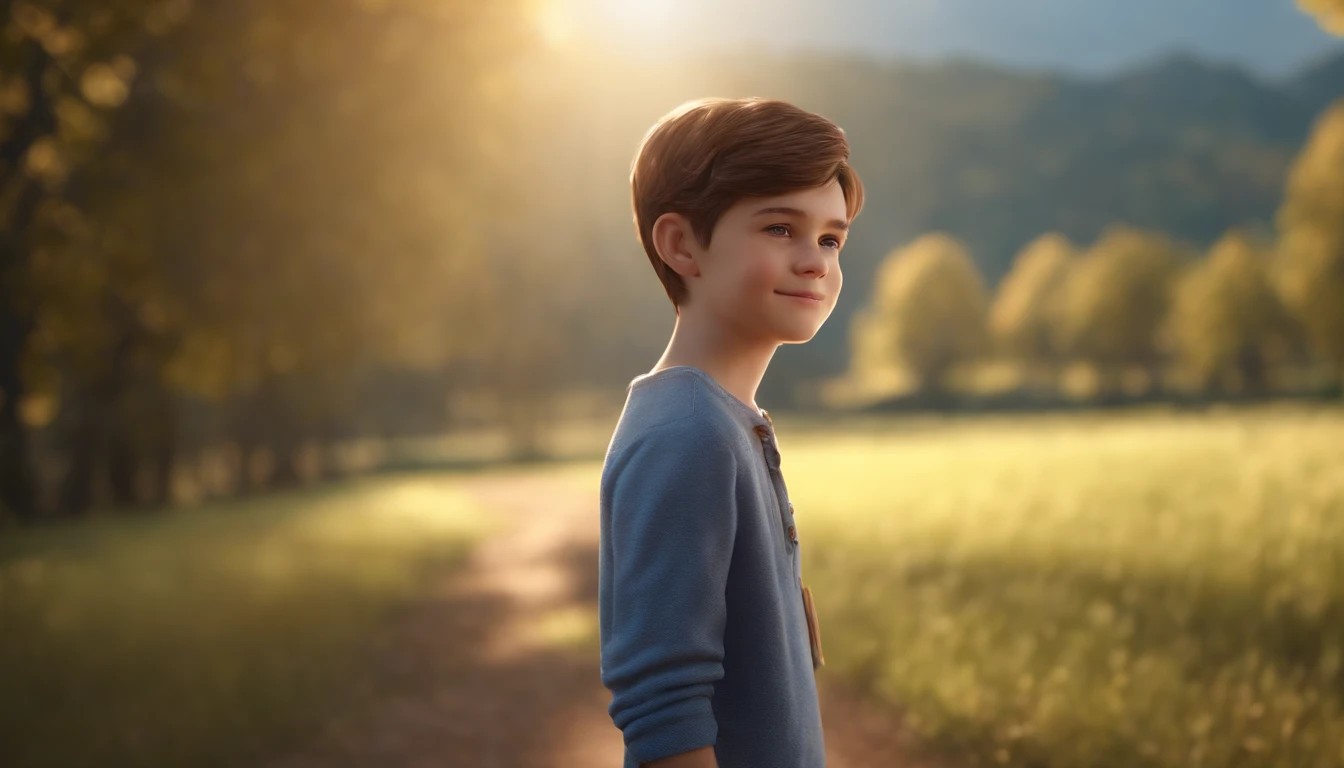 (8k, highest quality, masterpiece: 1.2), ultra detail, highest quality, ultra high resolution, professional lighting, photon mapping, radiosity, physically based rendering, cinematic lighting, depth of field, focusing, sun rays, good composition, (bokeh: 1.2), 1 boy, (full body), -yeandsome boy, smile, beautiful eyes, pose, constriction, brown hair, short hair, prairie t-short light blue, park, hand {fingers} Kawaii {finger} hand, photorealistic