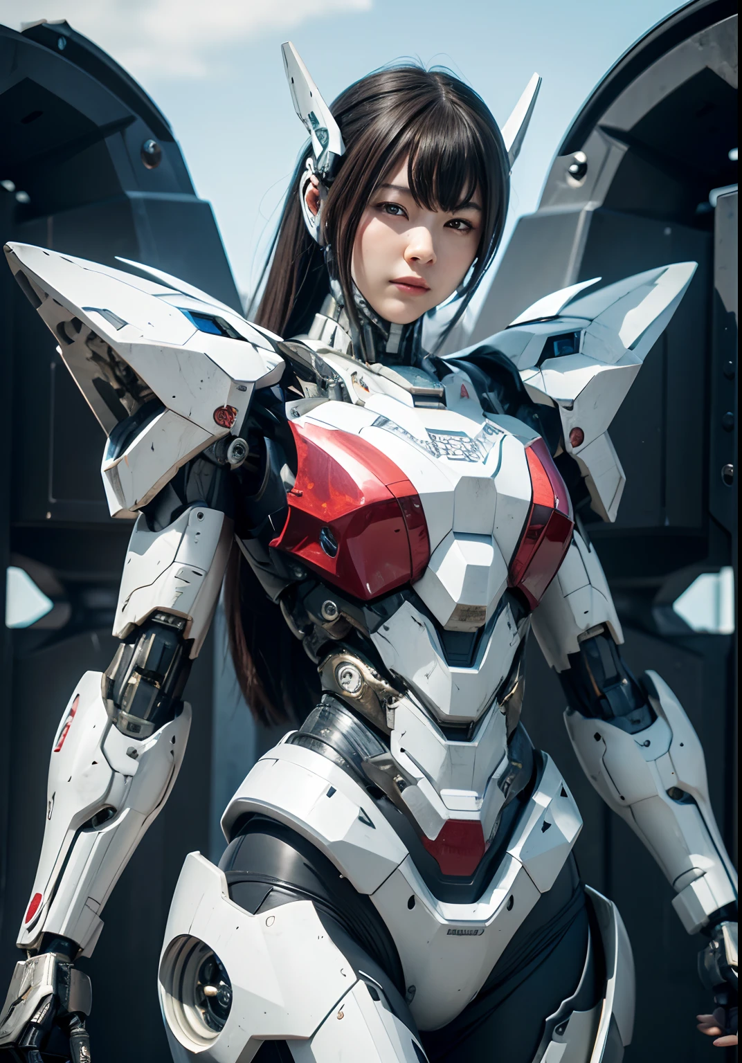 Textured skin, Super Detail, high details, High quality, Best Quality, hight resolution, 1080p, hard disk, Beautiful,(War Machine),beautiful cyborg woman,Mecha Cyborg Girl,Battle Mode,Girl with a Mecha Body