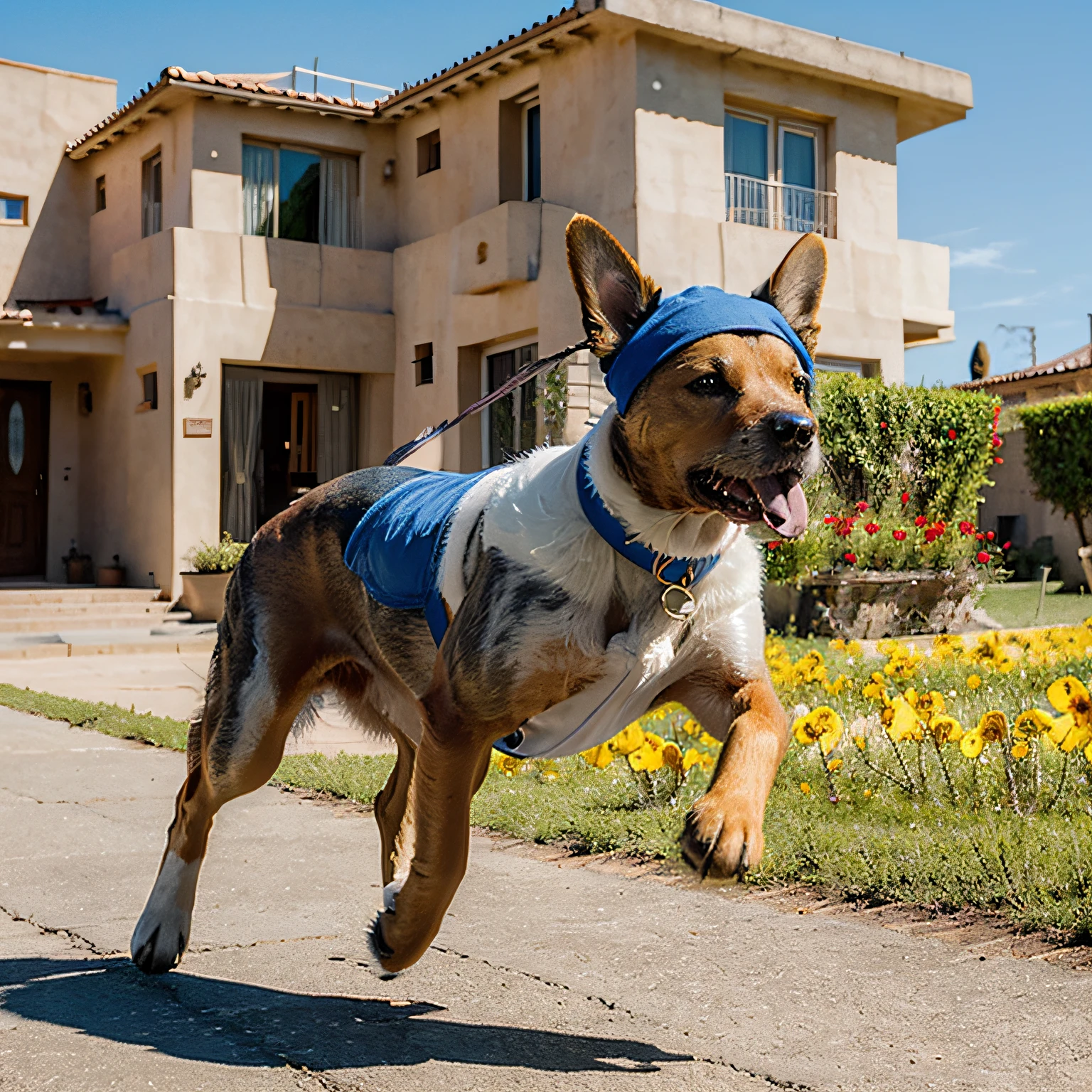 Art deco style dog running with a poppy bonnet blue sky, casas en el fondo