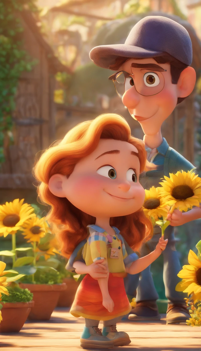 Create a Disney PIXAR-style 3D poster with a family theme. In the center of the image two sisters, With your father and mother. They're hugging each other, a menina mais nova tem pele branca e cabelos castanhos escuros e olhos verdes, a menina mais velha tem pele clara, olhos verdes e cabelos escuros e lisos, e a outra menina tem pele morena, olhos escuros e cabelos escuros e lisos, The mother is mature,has fair skin and is slightly overweight, tem cabelos loiros e lisos, wears black glasses, The father is a mature one, tem cabelos curtos e pretos, rosto liso e olhos verdes, tudo isso no estilo Disney PIXAR 3D, In the background, A house of sunflowers, Gloria Studio, The garden is full of sunflowers, material de argila, estilo de design cartunesco, POP Mart, soft lighting, linhas suaves, Spring tilt, detailed science fiction illustrations, Detalhes hiper-realistas, cor quente no estilo Disney PIXAR 3D