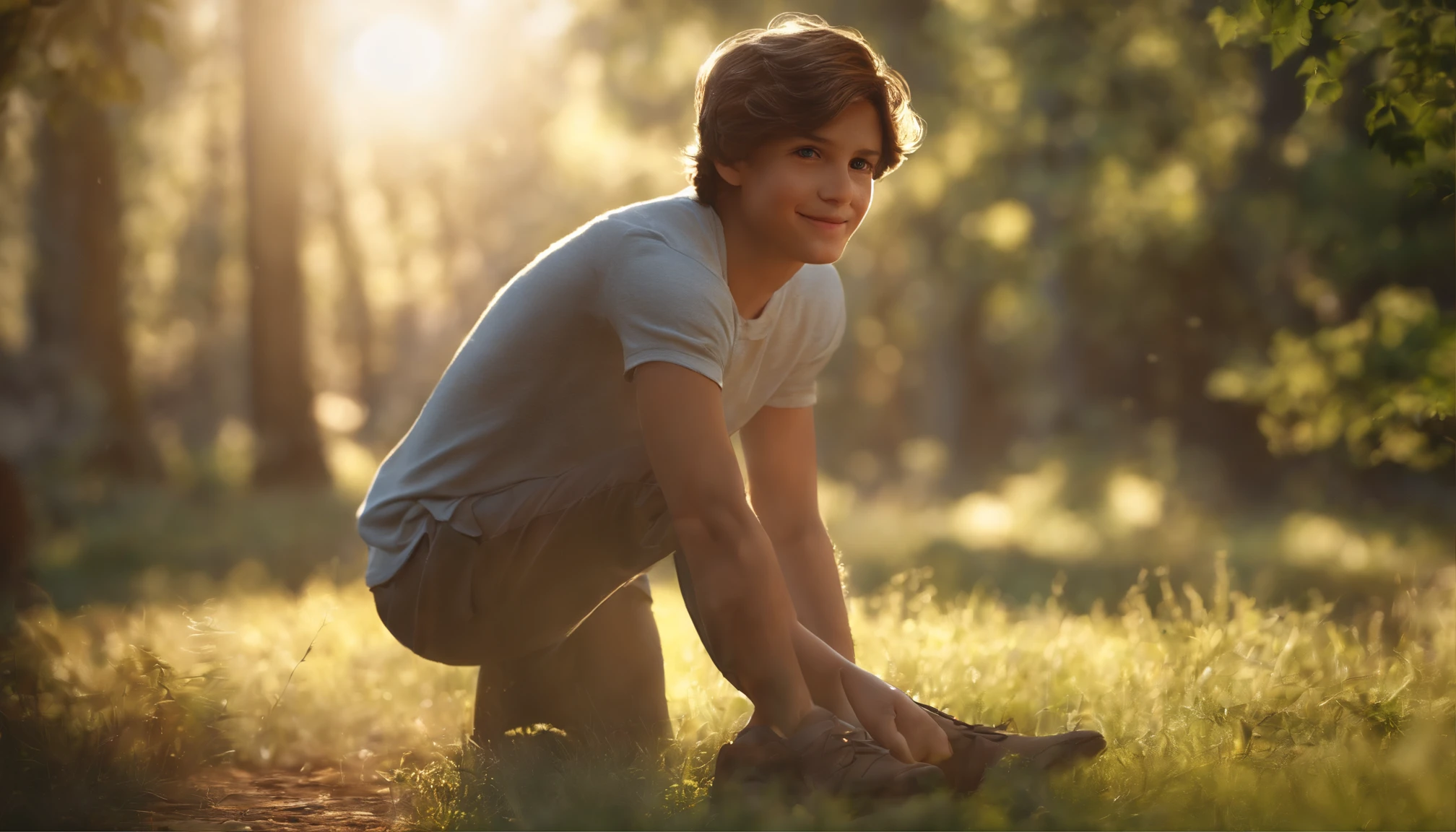 (8k, highest quality, masterpiece: 1.2), ultra detail, highest quality, ultra high resolution, professional lighting, photon mapping, radiosity, physically based rendering, cinematic lighting, depth of field, focusing, sun rays, good composition, (bokeh: 1.2), 1 boy, (full body), 15-year handsome boy, smile, beautiful eyes, pose, constriction, brown hair, short hair, prairie t-short light blue, park, hand {fingers} Kawaii {finger} hand, photorealistic