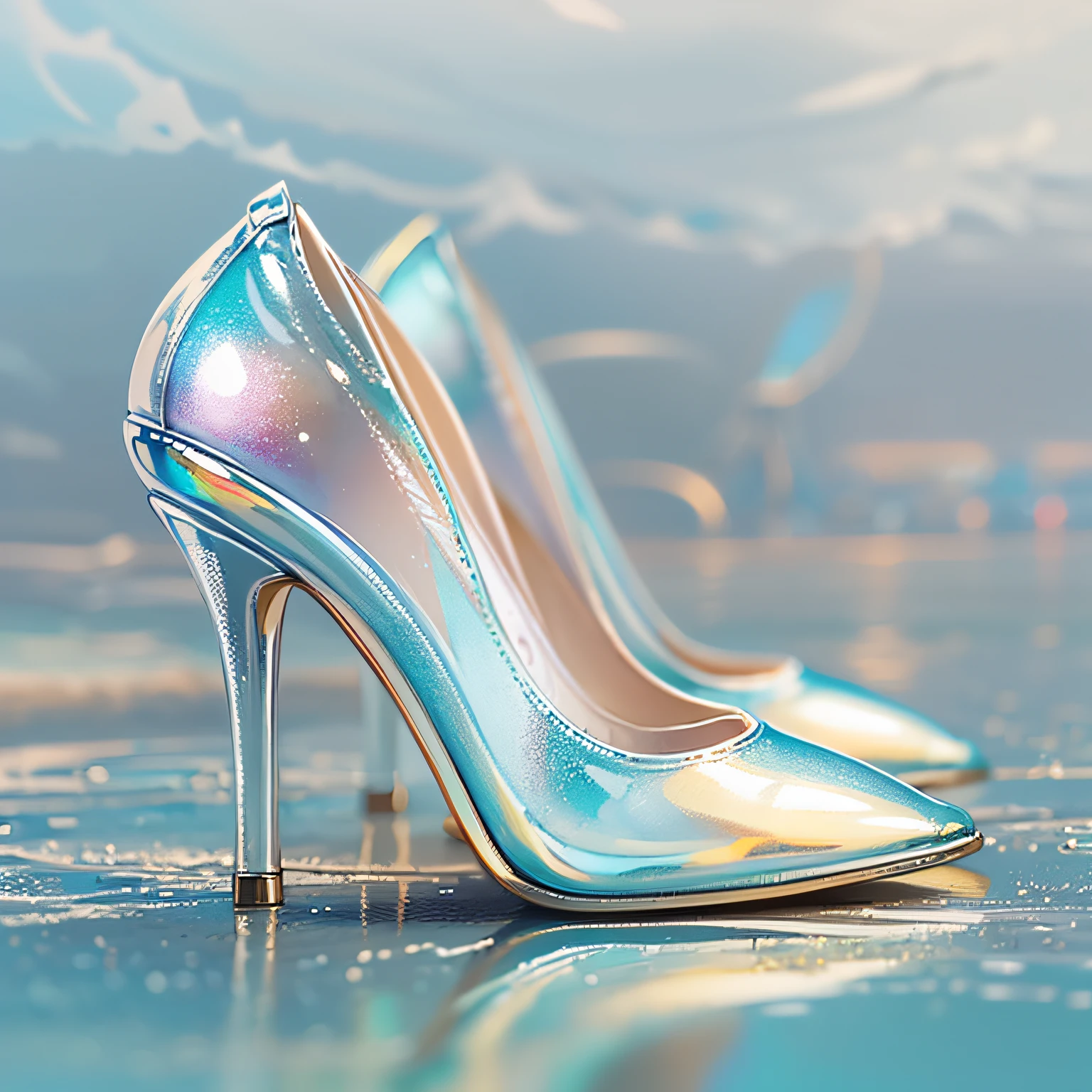 A pair of high heels,without humans,(Top resolution:1.5), (Top image quality:1.5), Close-up of a pair of shoes on a shiny surface, slightly holographic, fairy tale style background, made in adobe illustrator, Magical items, holograph, illustration!, White high heels, Transparent heels。(The background is the seaside:1.6)