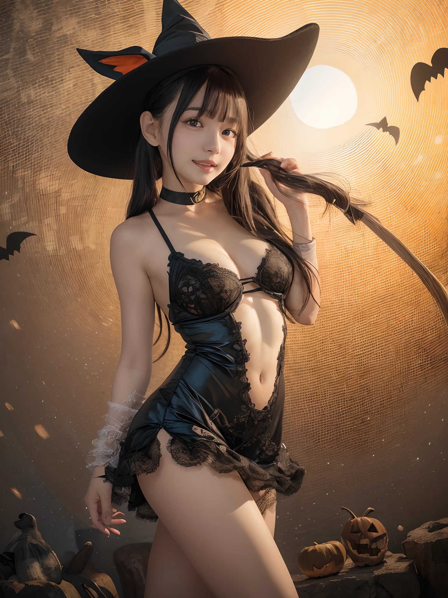 masutepiece, Best Quality,  (Low Angle Full Body Shot:1.3), 8K, Textured skin、The ultra -The high-definition、Detailed eye description、15yo student, Raw photo, Night, neons,a short bob、a black choker、Black Lace Super Mini Dress、Cat's tail、see -through、Girl in Halloween costume、Wizard Hat、dance、Pumpkin World、Sorcerer、Idol face, violaceaess, gardeniass, Delicate girl,Digital SLR,embarrassed from, Show your teeth and smile, Thin arms,  (Bokeh:1.1)