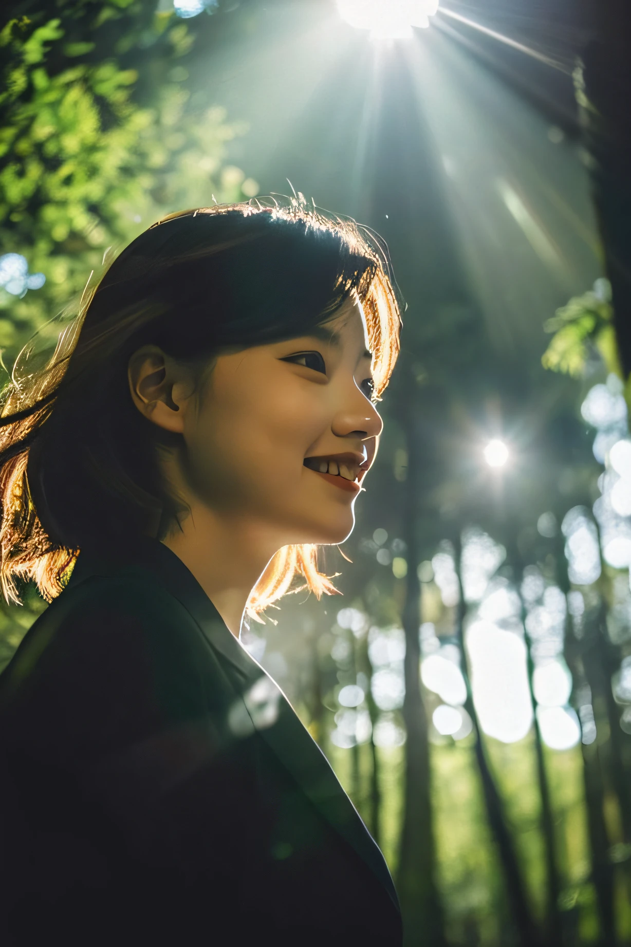 The light is shining on her through a gap in the building where the woman's entire body is reflected。She is very beautiful。Contrast is created by the sunlight shining through the trees.、Looks more beautiful。She was grinning.、The wind is blowing。