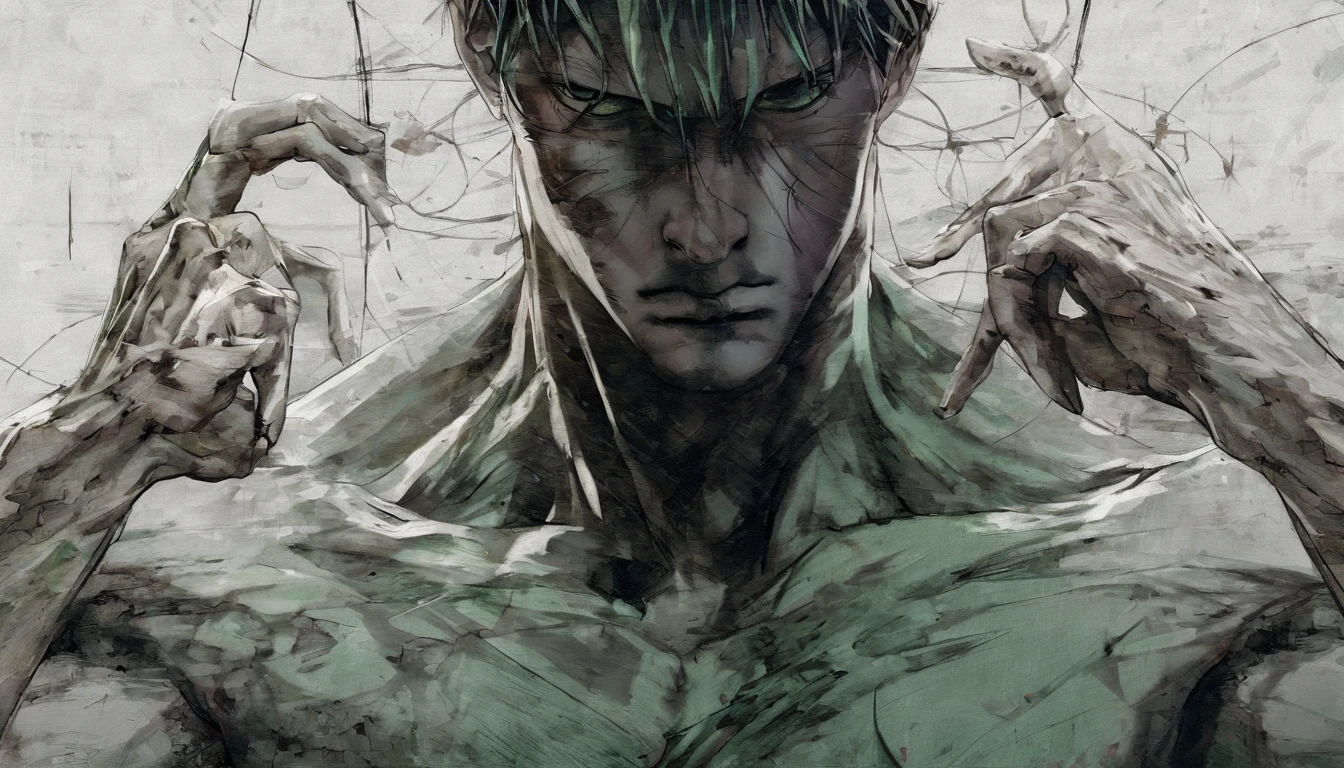 Roronoa Zoro a boy from anime, green hair, Perfect centralization, coelho (franco)de Donnie, Standing position, beleza abstrata, Centrado, looking at the camera, Facing the camera, nearing perfection, triste, desespero, corpo inteiro, hands on her head, Dynamic, altamente detalhado, liso, foco nítido, 8k, high-definition resolution, illustration, arte de Carne Griffiths e Wadim Kashin, fundo branco