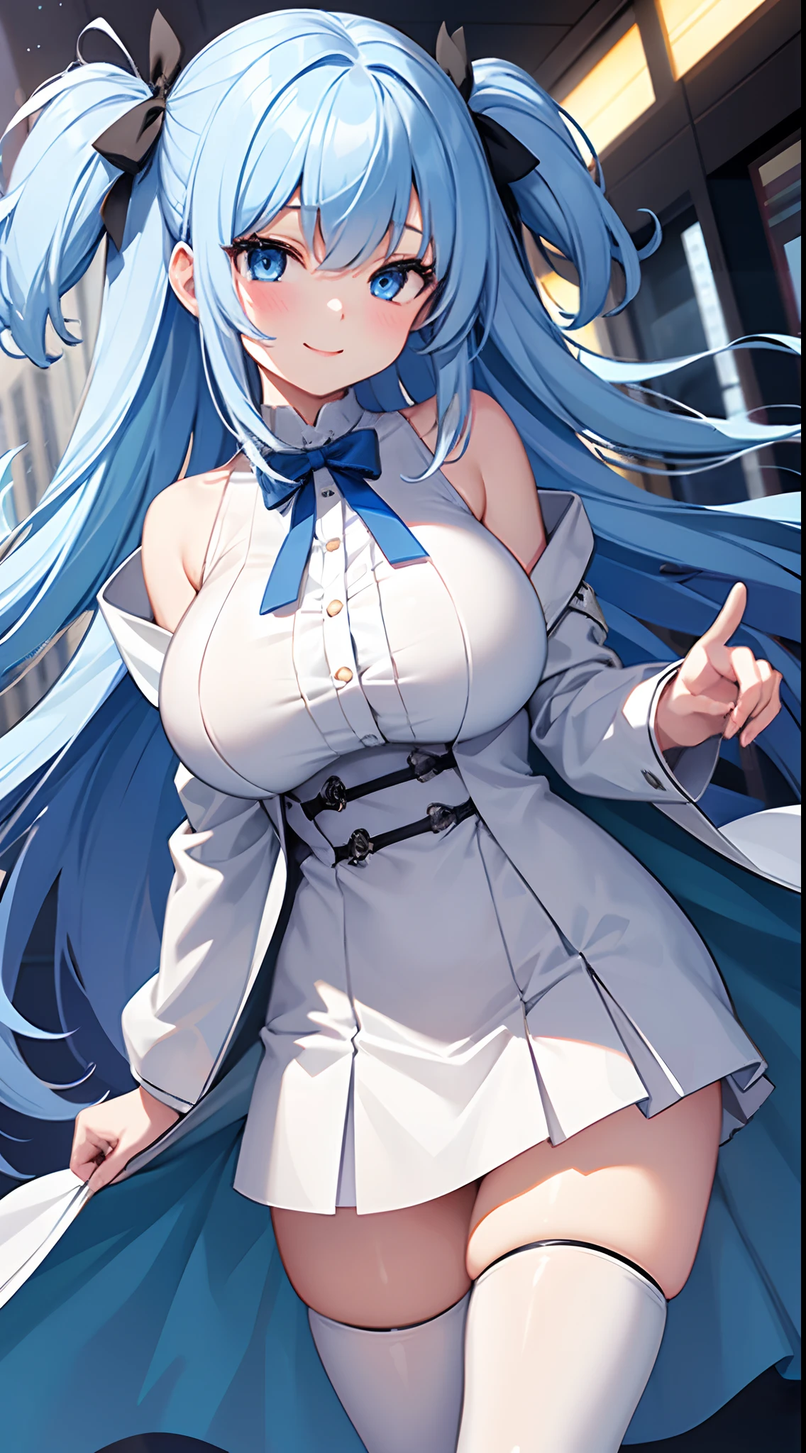 1 girl, game CG, white shirt, shoulders visible, short skirt, string hair ribbon, trench coat, white tights, gigantic breasts, light blue hair, middle hair, two side up, blue eyes, park, steam, smile, one eye close,