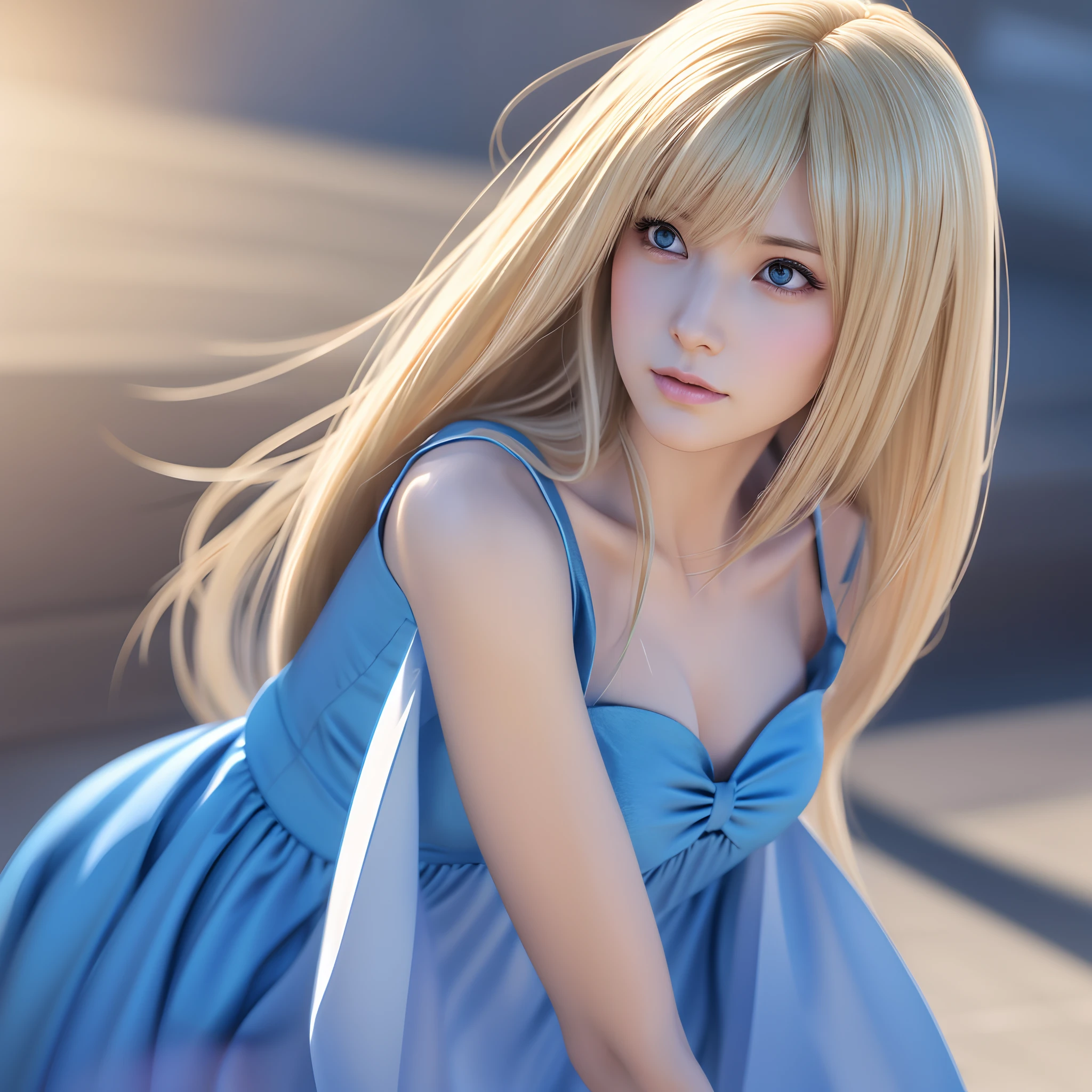 Blonde woman with long hair and blue dress poses for photo, realistic anime art style, photorealistic anime girl render, Smooth Anime CG Art, Anime Realism Style, realistic art style, realistic young anime girl, Gorgeous Digital Painting, realistic anime 3 d style, Beautiful Anime Portrait, Realistic anime art style, closeup character portrait, 3 d anime realistic, anime style portrait
