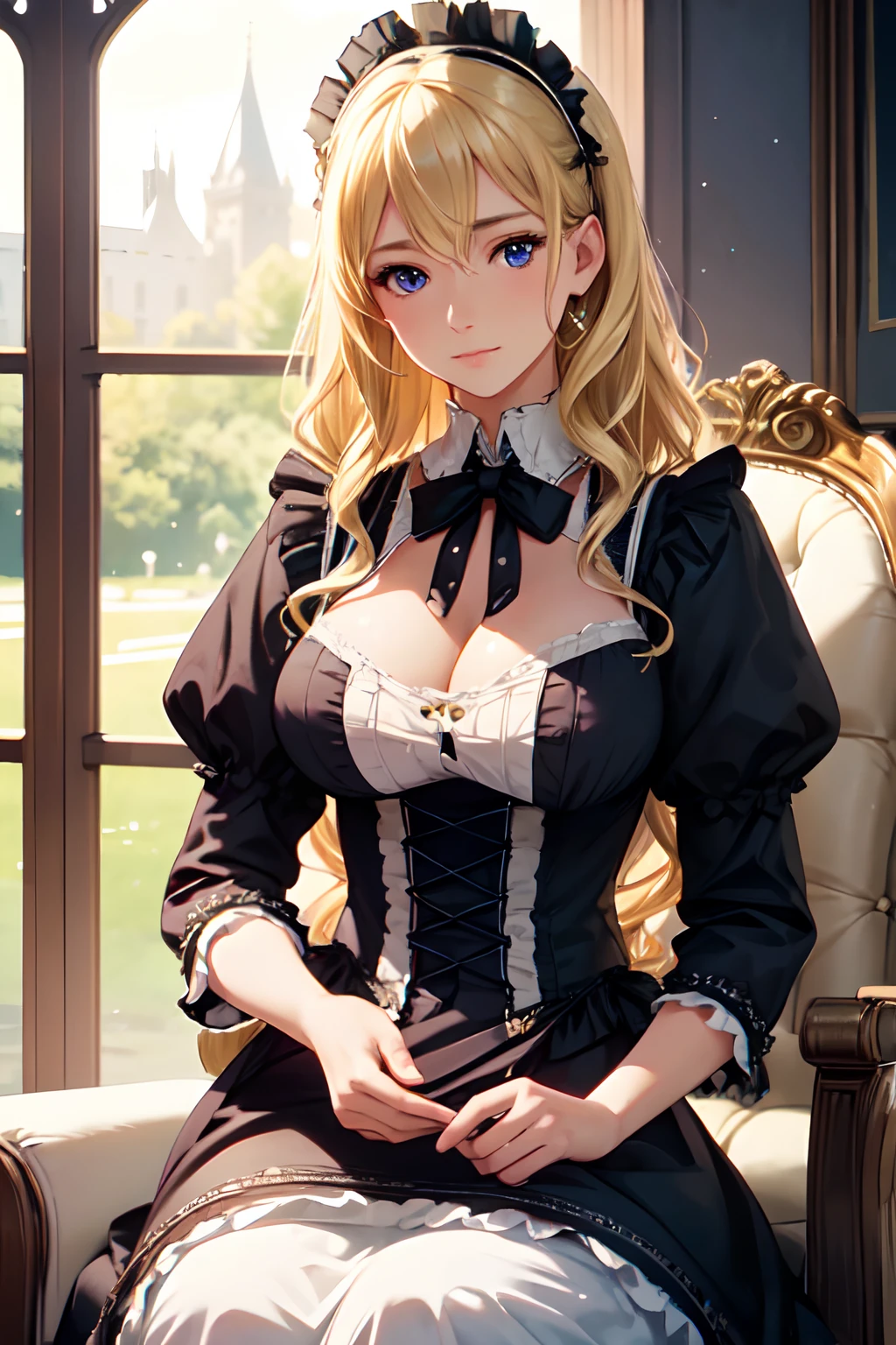 (High quality, High resolution, Fine details, Realistic), Victorian maid, solo, Adult Woman, Blonde hair, Loose wavy hair, sparkling eyes, Detailed eyes, Large breasts, Shallow depth of field, Western castle, Luxurious decoration, Tranquil atmosphere