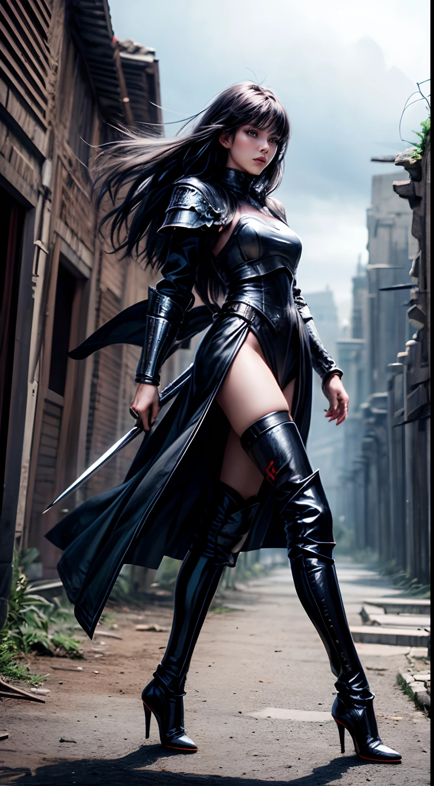 Pretty women, 20yr old,Solo,Russian,Black Armor,high heels boots,Full body portrait,Female Warrior,Slender body,holding swords,Manteau,Perfect face and nice perfect face, Surreal concept, 8K resolution, photographic quality, Walk through the ruins, Photorealistic,A detailed eye,Diagonal angle,