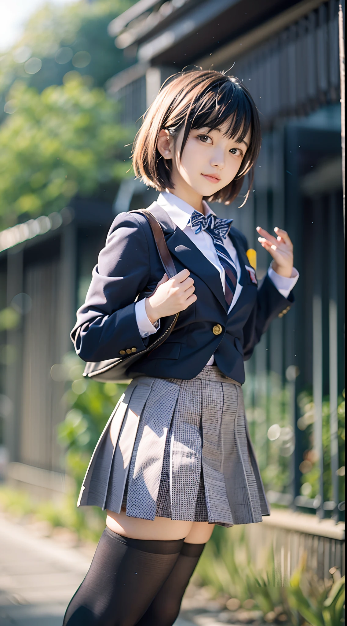 (masutepiece, Best Quality:1.4), award winning portrait, 8K, 85 mm, Solo, Beautiful face, Delicate girl, School uniform, (Dark Navy Blazer Jacket, arms behind back, Close up face:1.2), Dark navy skirt, Long sleeve, violaceaess, gardeniass, Short hair, Elegance, Sophisticated, (Smile:0.7), Cute, Teen, Looking at Viewer, 18year old, Raw photo, absurderes, nffsw, Sharp Focus, plein air, a bow tie, Bokeh background