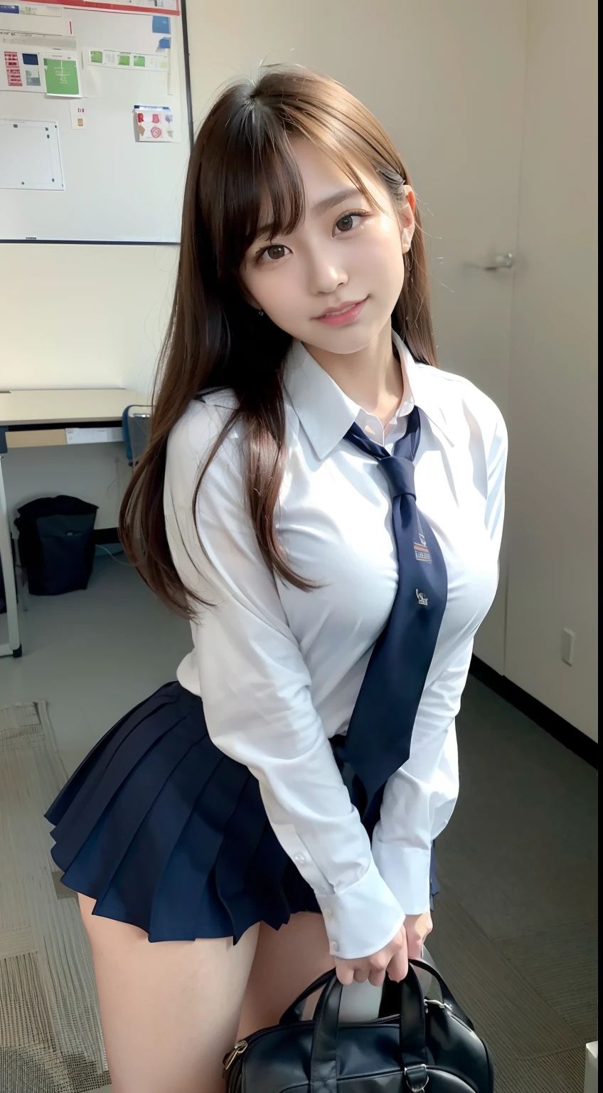 (8K, Raw photography, top-quality, ​masterpiece:1.2),  One Woman、Japan at the age of 18,fullllbody.{scinematic angle、Wide Angle}（Realistic Skins 1.4）、（（（female high-school student、School Uniforms、）））、{{‎Classroom}}（（School Uniforms、Cutter shirt、pleatedskirt、Slippers、））、50mm Lens、30mm film、wide angles、（long、poneyTail）、（A dark-haired、The forehead is hidden by bangs、）、Black eyes、shinny skin.Beautiful delicate face、Beautiful delicate eyes、｛Slender figure｝、((Smile)),((Small breasts)), ((Navy blue tie)),((Standing)) ,looking in camera,