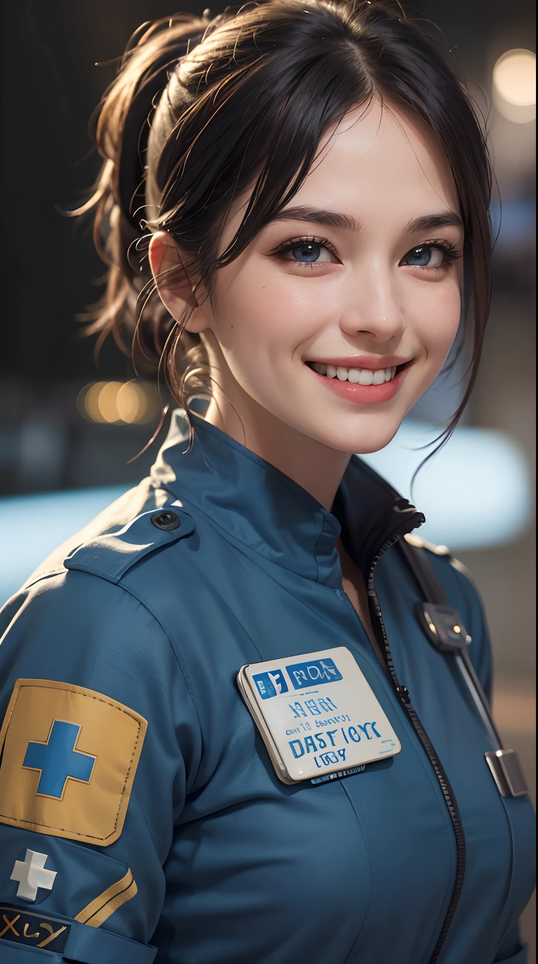 (best quality,4k,8k,highres,masterpiece:1.2), ultra-detailed, (realistic,photorealistic,photo-realistic:1.37), (beautiful detailed eyes, beautiful detailed lips, extremely detailed eyes and face), studio lighting, physically-based rendering,vivid colors, (big tits, super big tits, super extra big tits:0.8), (combat medic uniform:1.5), (soft lighting:0.8), (portrait, smile and laugh:1.5),