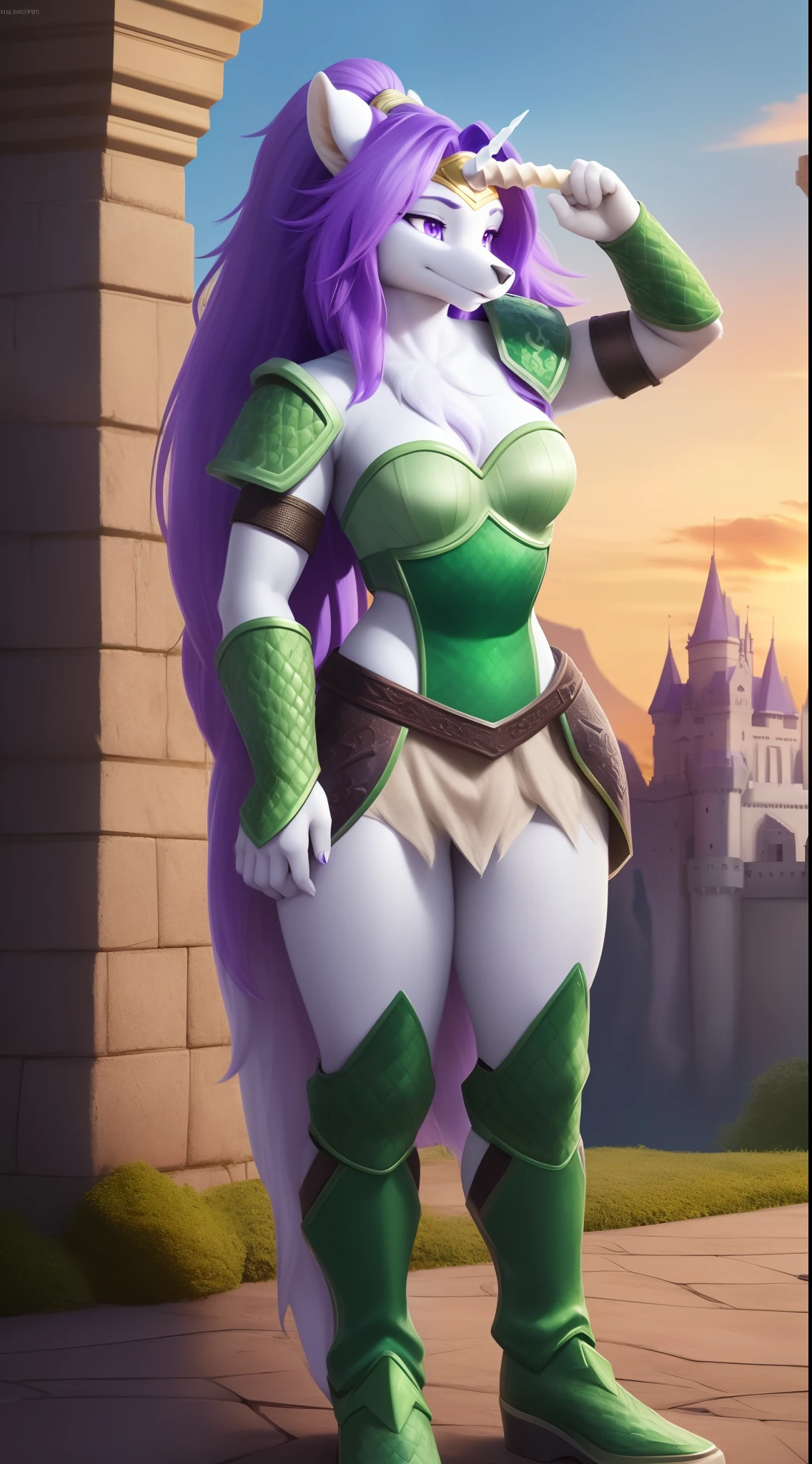 sierra, (white horn:1.1), furry female anthro, wolf girl, purple hair, long hair, portrait, close-up, purple eyes, (green armor:1.2), fur trim, solo, (body fur:1.2), (best quality), (detailed castle background:1.2), dramatic lighting, (detailed fluffy fur:1.1), looking at viewer, medium breasts, purple eyes, full body, boots, refsheet