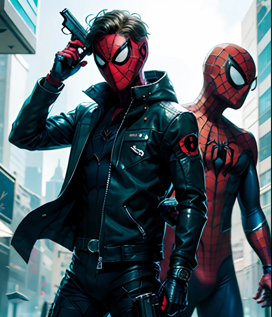 Spider-Man in black suit, with a gun, wearing a black jacket
