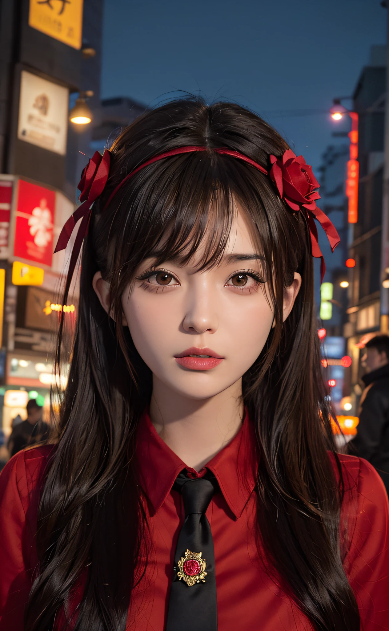 1girl, Tokyo street,night, cityscape,city lights, upper body,close-up, 8k, RAW photo, best quality, masterpiece,realistic, photo-realistic,headgear of red rose, parted bangs, long hair,