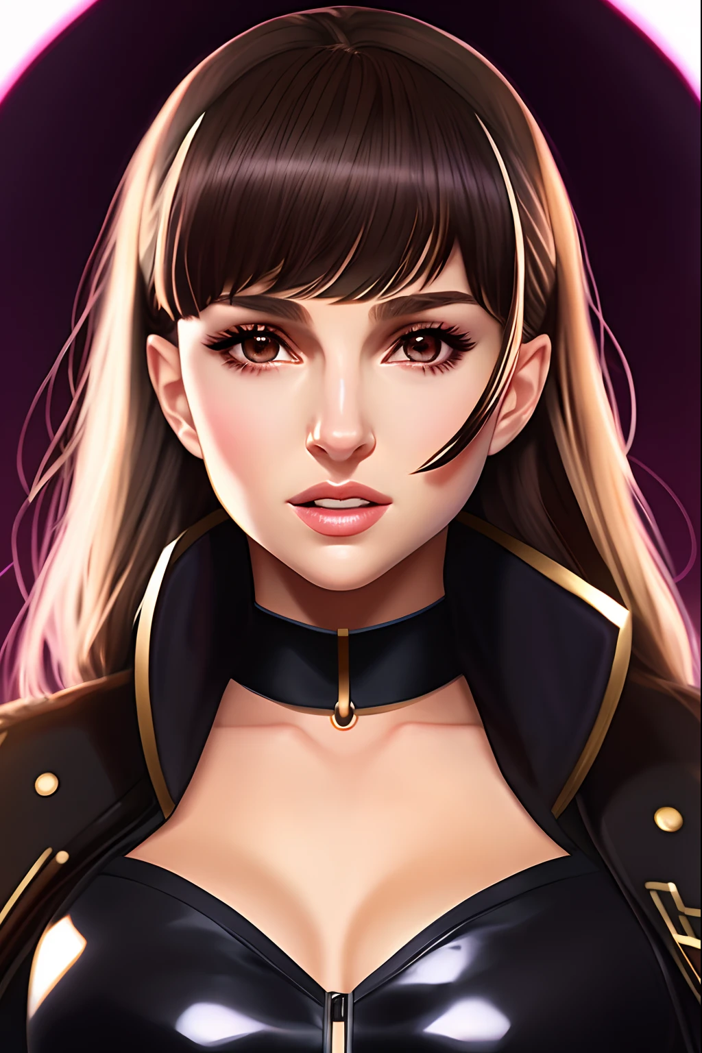 character splash art,a cute and beautiful anime young woman,natalie portman, inspired by Mark Brooks, lux, wearing black choker, female protagonist, kiki