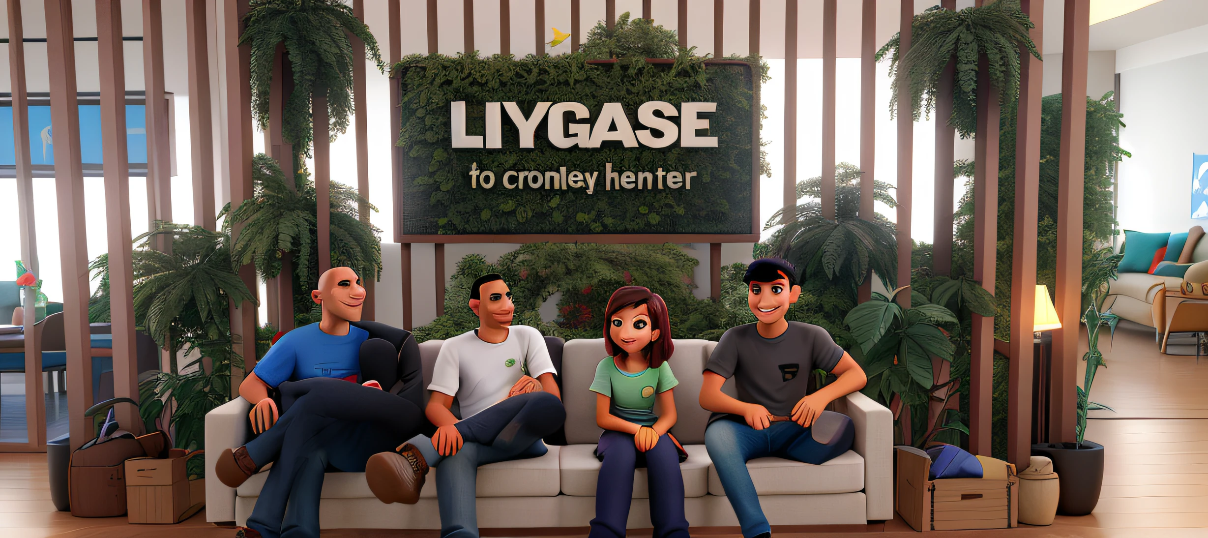 homem careca, homem sorrindo, mulher gargalhando, Man with crossed leg sitting on sofa pixar style, alta qualidade, melhor qualidade