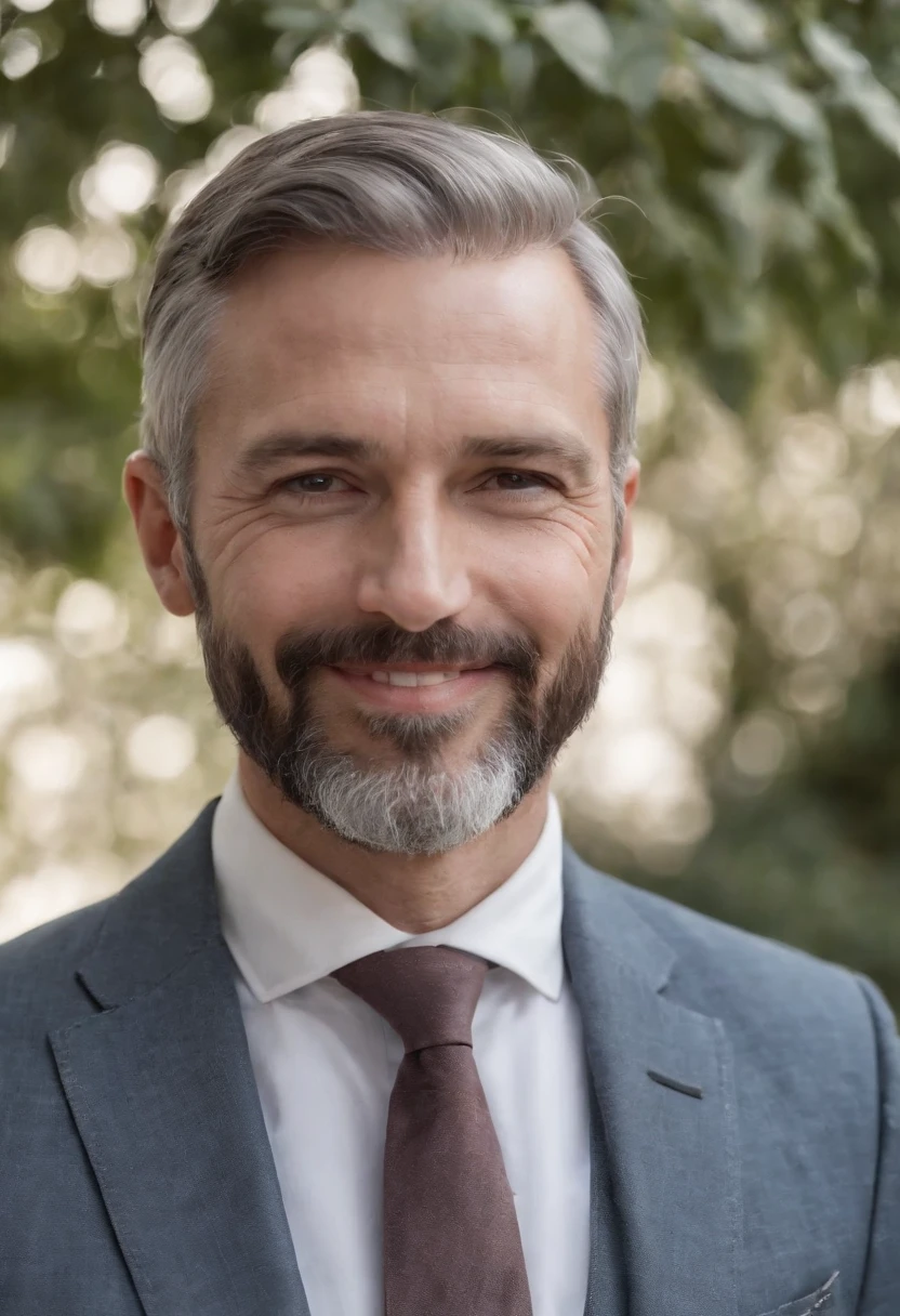 There is a man with a beard and tie smiling, 50 year old man, 8k selfie photography, 45 year old men, some gray hair in his beard, photo of a 50 year old white man, david rios ferreira, selfie of a man, gray beard trimmed, profile picture, headshot profile picture, he has a beard and gray hair