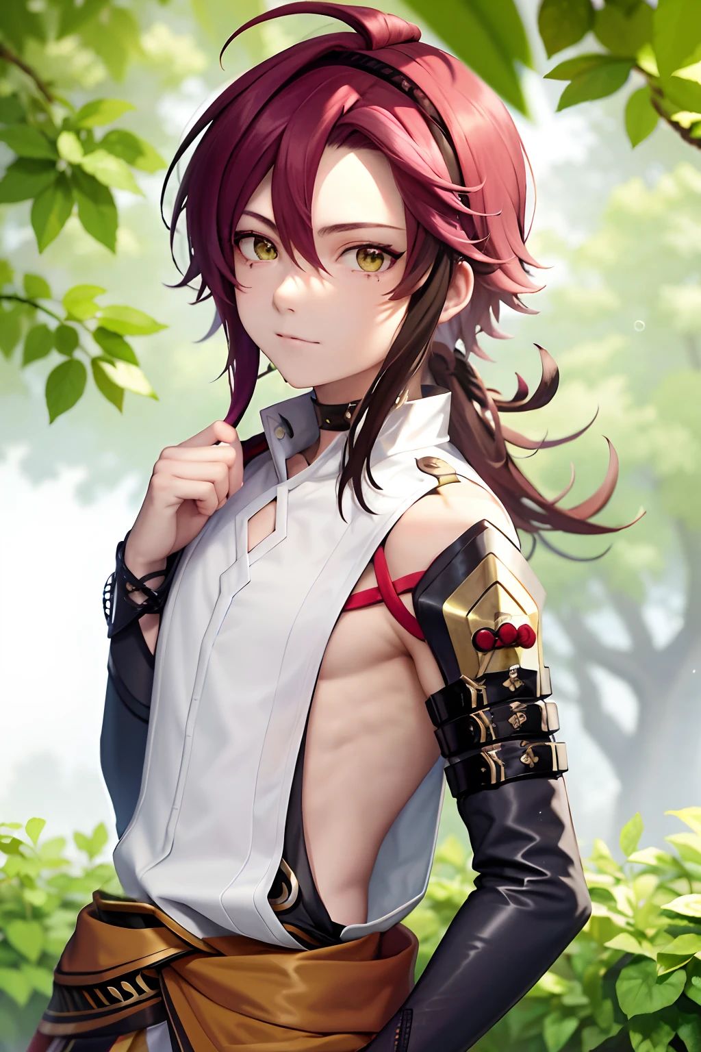 masterpiece, best quality,Shikanoin Heizou (genshin impact), 1boy, male focus, kurokote, green eyes, kote, multicolored hair, mole under eye, red hair, solo, mole, black choker, japanese armor, looking at viewer, choker, armor, streaked hair, aiguillette, sleeveless, ahoge, long hair, low ponytail,(kbxll:0.6)