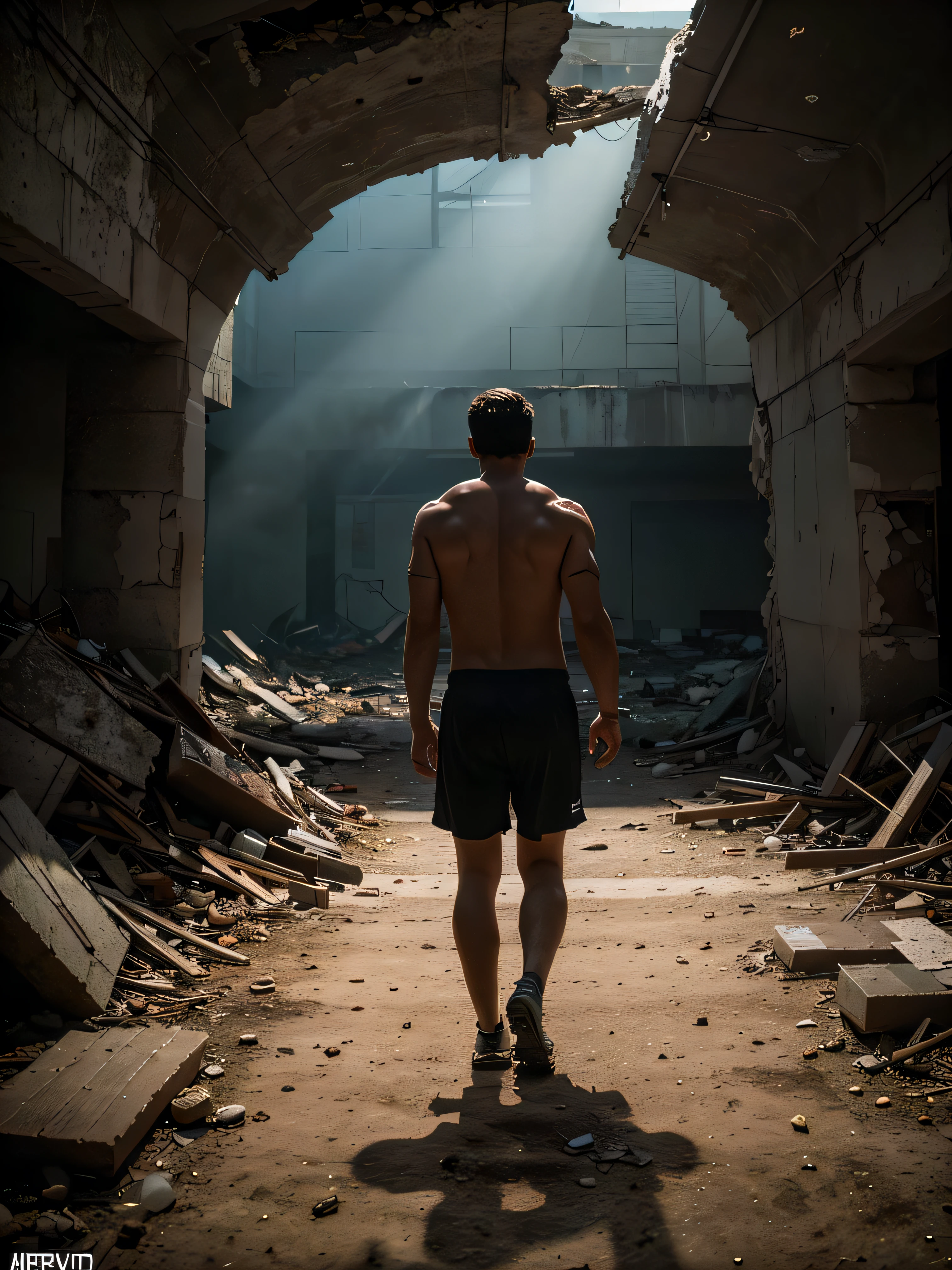 Young man running in an abandoned house