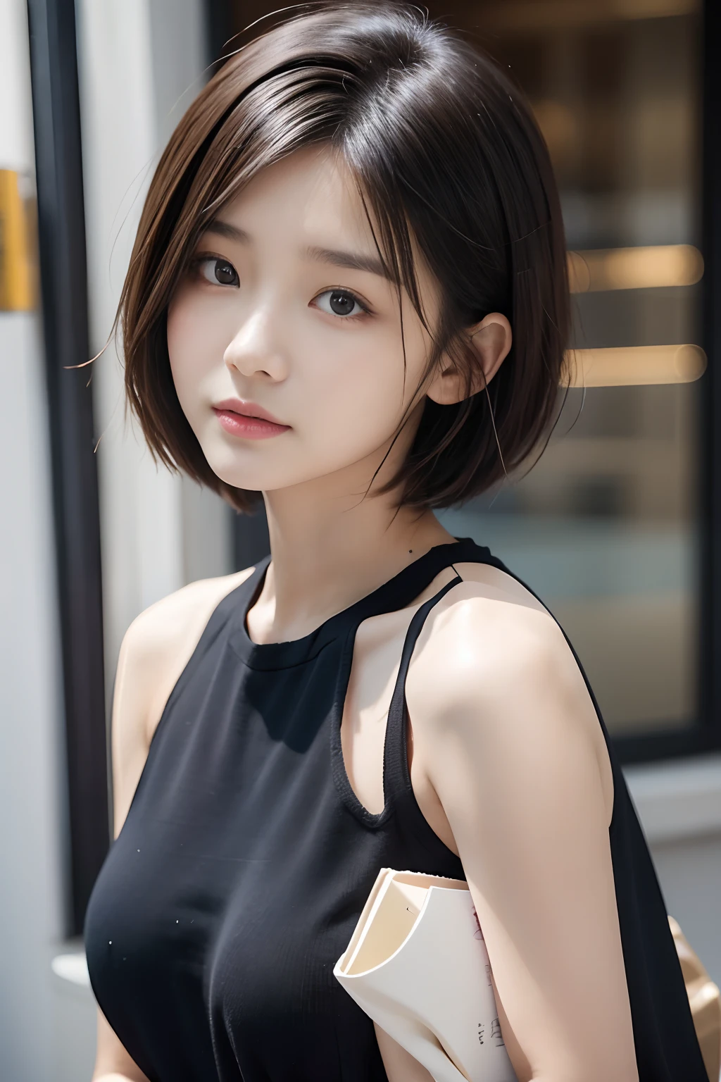 25-year-old girl, short detailed hair, Photo., Black top