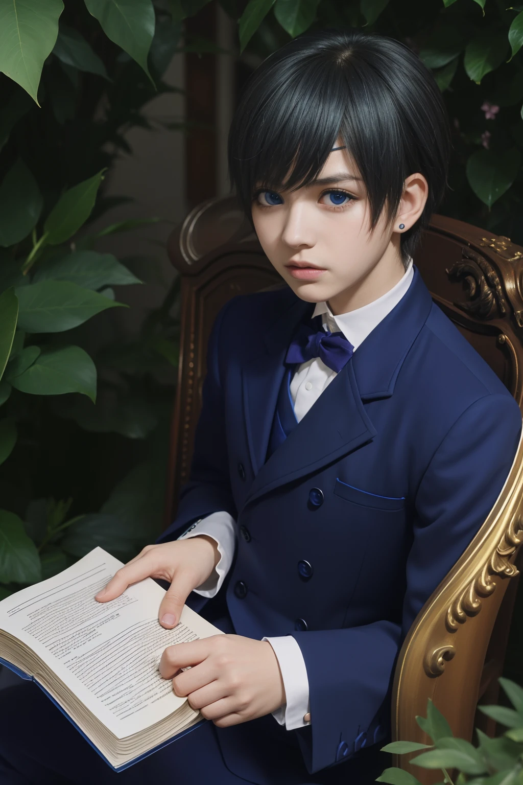 (Best Quality,4k,8k,highres,巨作:1.2),A highly detailed,(Realistic,Realistic Photos,Realistic Photos:1.37),portrait,anime,Phantomhive Sky,boy,10 years old,,dark hair,Intense look,pale skin,Royal Uniform,Classic Victorian style,Stylish clothes,Feather has,Golden accents,deep blue eyes,Purple eye patch,Detailed lashes,exquisite facial features,serious expression,Confident position,Stand in majestic,Seated reading a book, dramatic shadows,Invisible lens glow,vibrant colours,Rich color scheme,Royal Purple,Royal Blue,Delicate pastel tones,Gentle sunlight flows through the leaves. Ten-year-old boy wearing boyish clothes with short hair