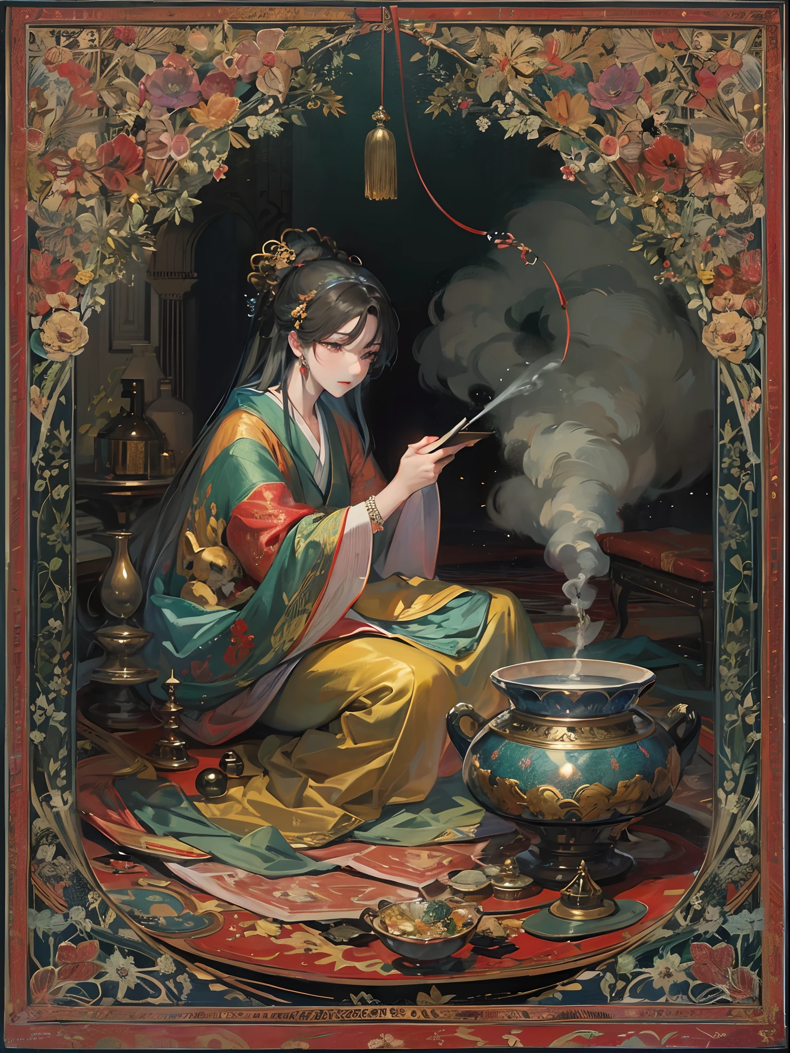 ((Finest quality)),(超A high resolution),(ultra-detailliert),(Meticulous portrayal),((best pictures)),(Finest works of art),Ultra-Precision Art,The art of astounding depiction, Smoke wafting from a magnificent incense burner:1.4, (1人の女性:1.5),Mysterious,bewitching,Color, persian carpet:1,3
