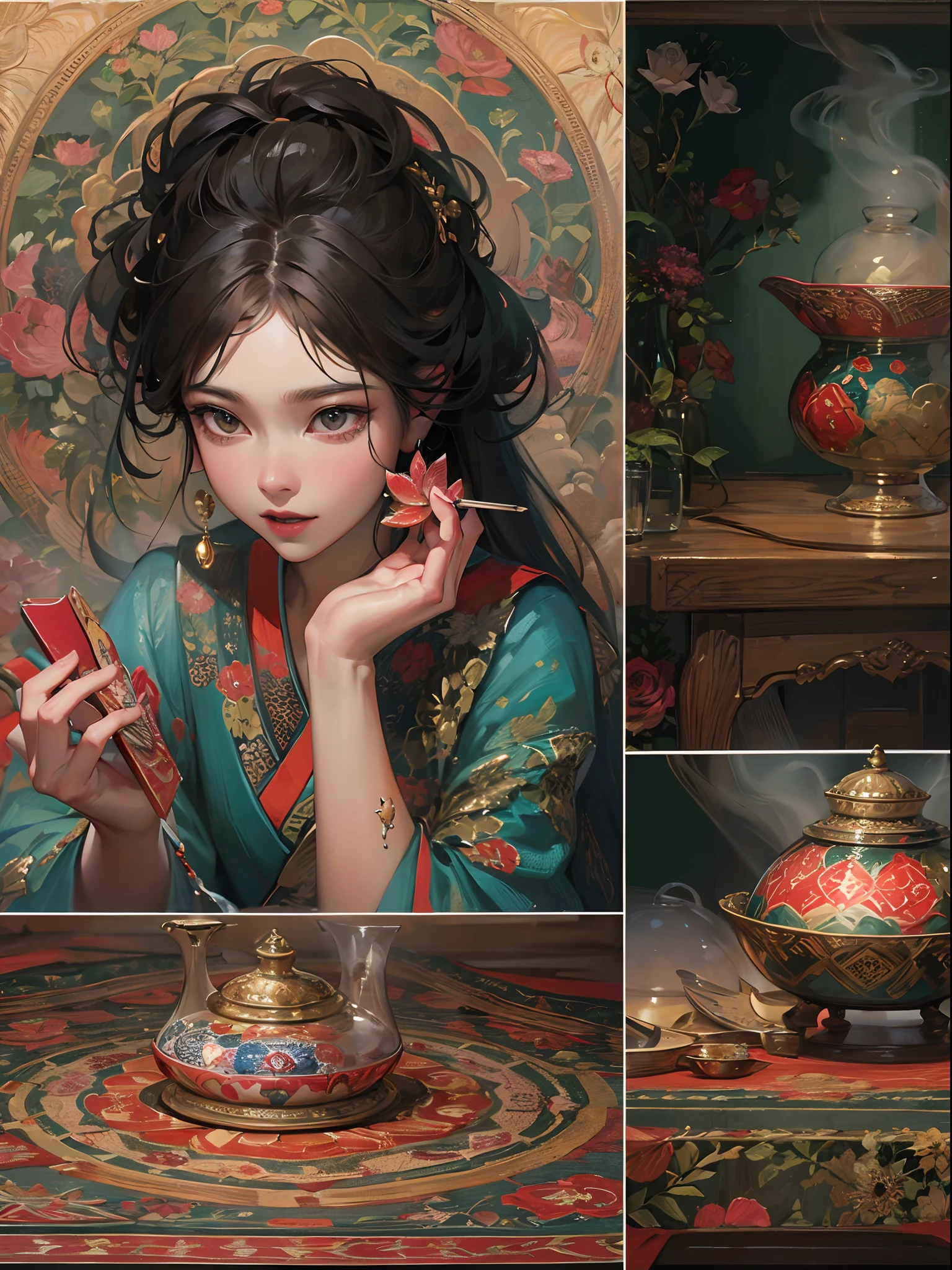((Finest quality)),(超A high resolution),(ultra-detailliert),(Meticulous portrayal),((best pictures)),(Finest works of art),Ultra-Precision Art,The art of astounding depiction, Smoke wafting from a magnificent incense burner:1.4, (1人の女性:1.5),Mysterious,bewitching,Color, persian carpet:1,3