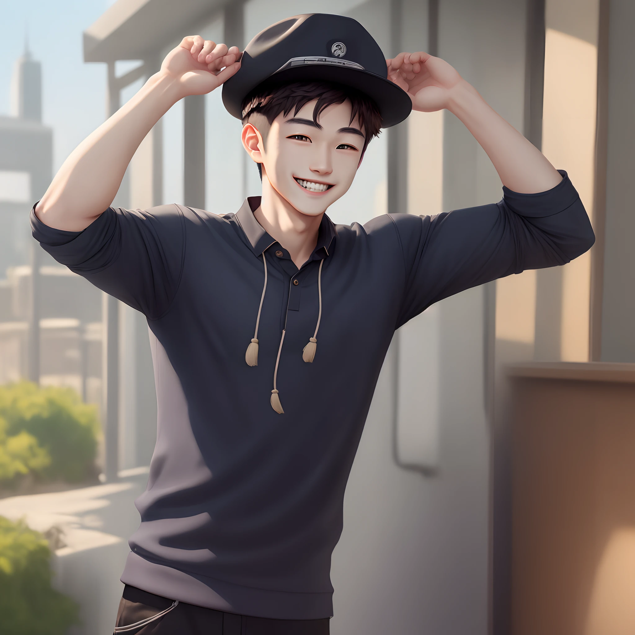Boy's WeChat avatar,Sunny and handsome,self-assured,wearing hat,Head up and smile,Baring teeth,There is sunshine in the back,tmasterpiece