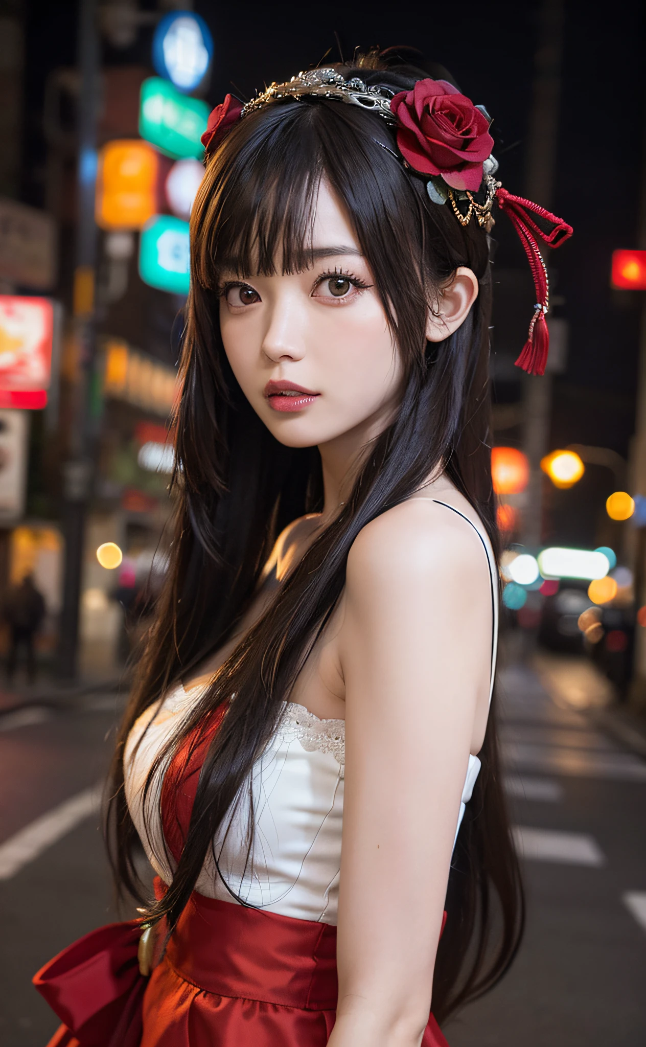 1girl, Tokyo street,night, cityscape,city lights, upper body,close-up, 8k, RAW photo, best quality, masterpiece,realistic, photo-realistic,headgear of red rose, parted bangs, long hair,