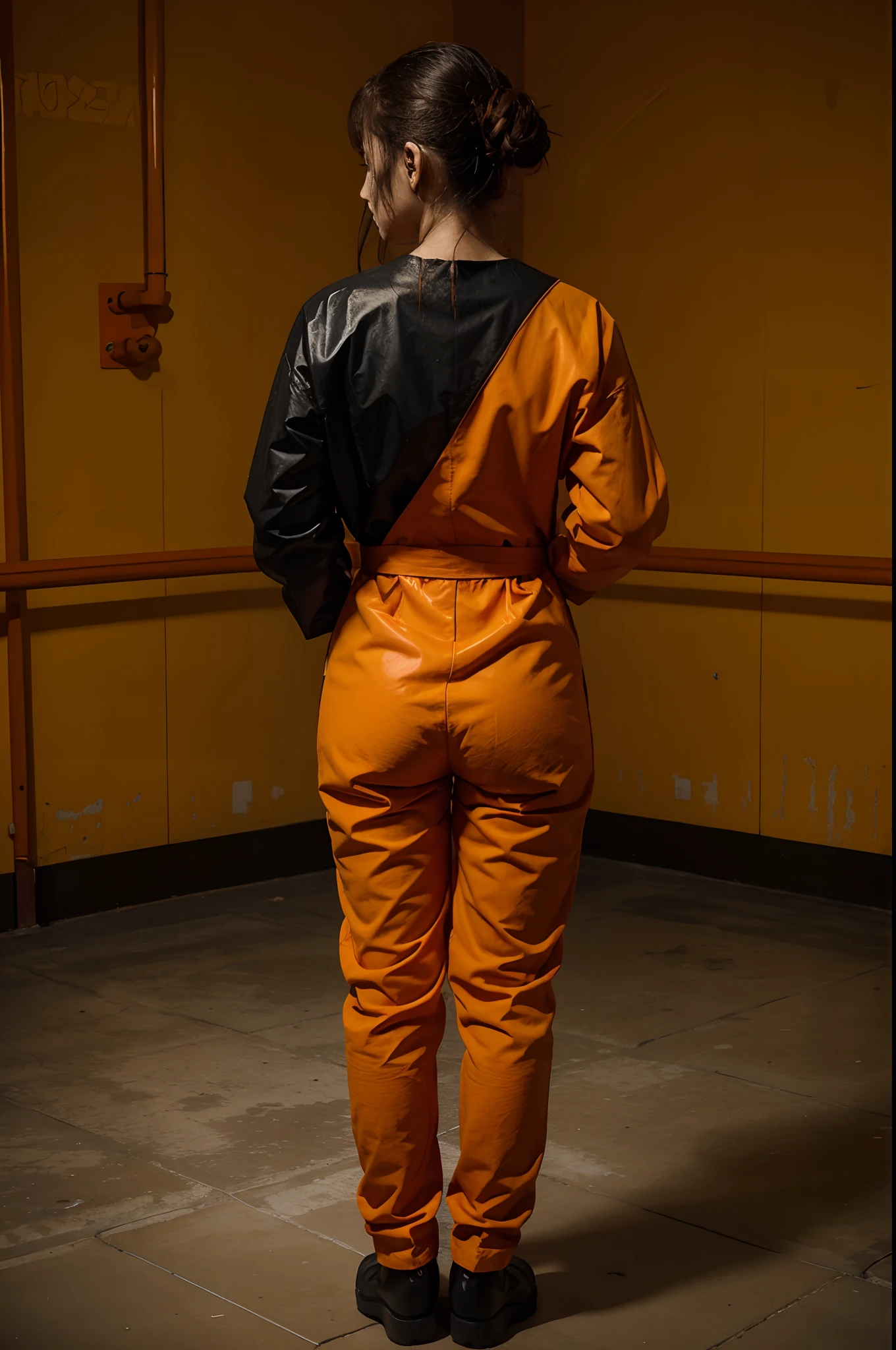 a girl in prison, wearing an orange prison jumpsuit and black rubber boots, seen from behind