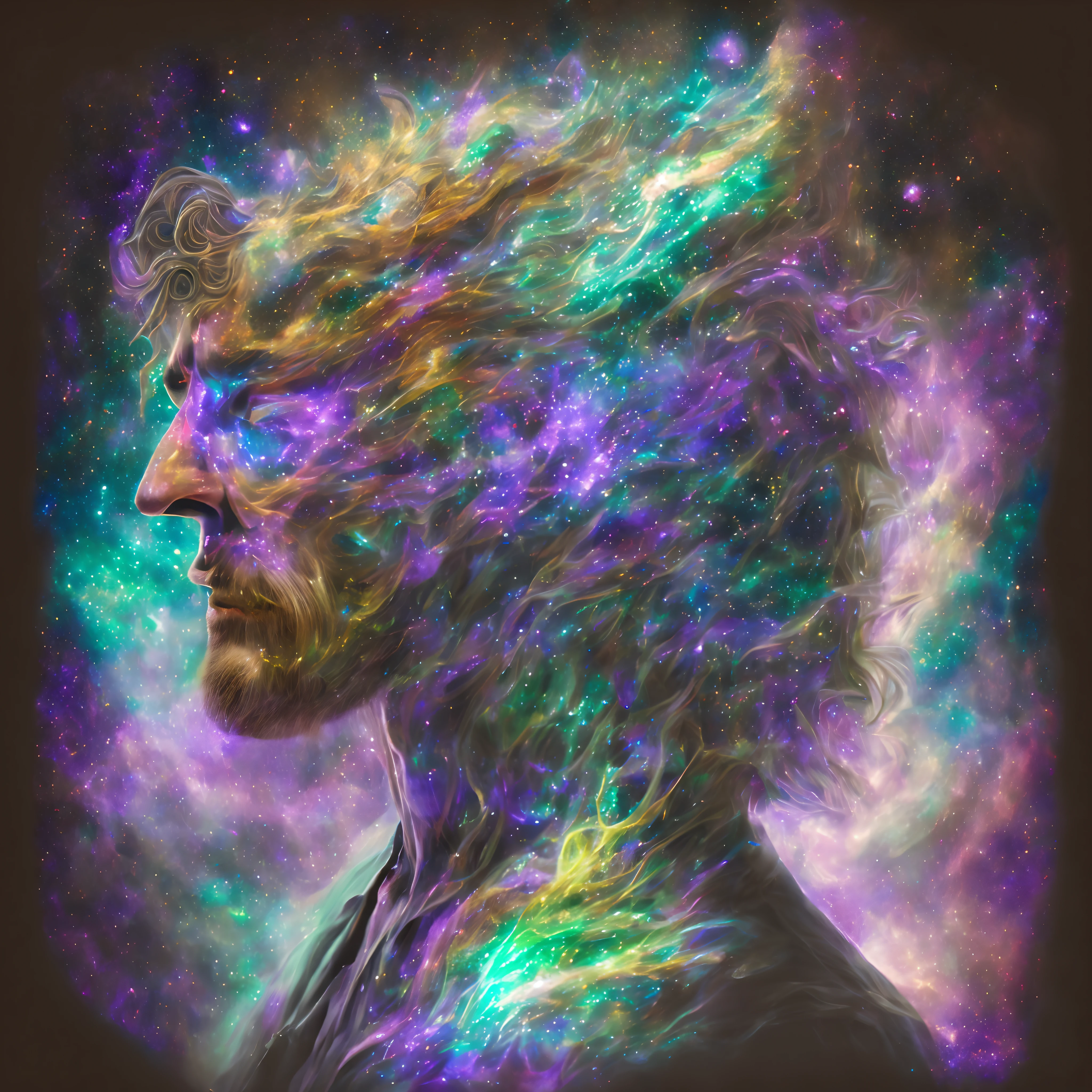 a close up of a person with a purple and blue background, portrait of a cosmic entity, strange portrait with galaxy, in the astral plane ) ) ), astral appearance, galactic dmt entity, nebula aura surrounding subject, glowing black aura, cosmic entity, galactic entity, galactic deity, cosmic horror entity, quality astral projection render, portrait of a cosmic god, astral ethereal